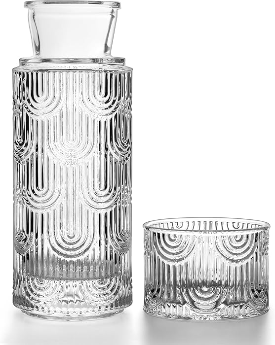 Bedside Water Carafe and Glass Set, Mouthwash Dispenser for Bathroom, 21.6 Oz Glass Water Bottles with 6 Oz Drinking Cup as Lid, Pitcher for Nightstand, Kitchen (Clear)