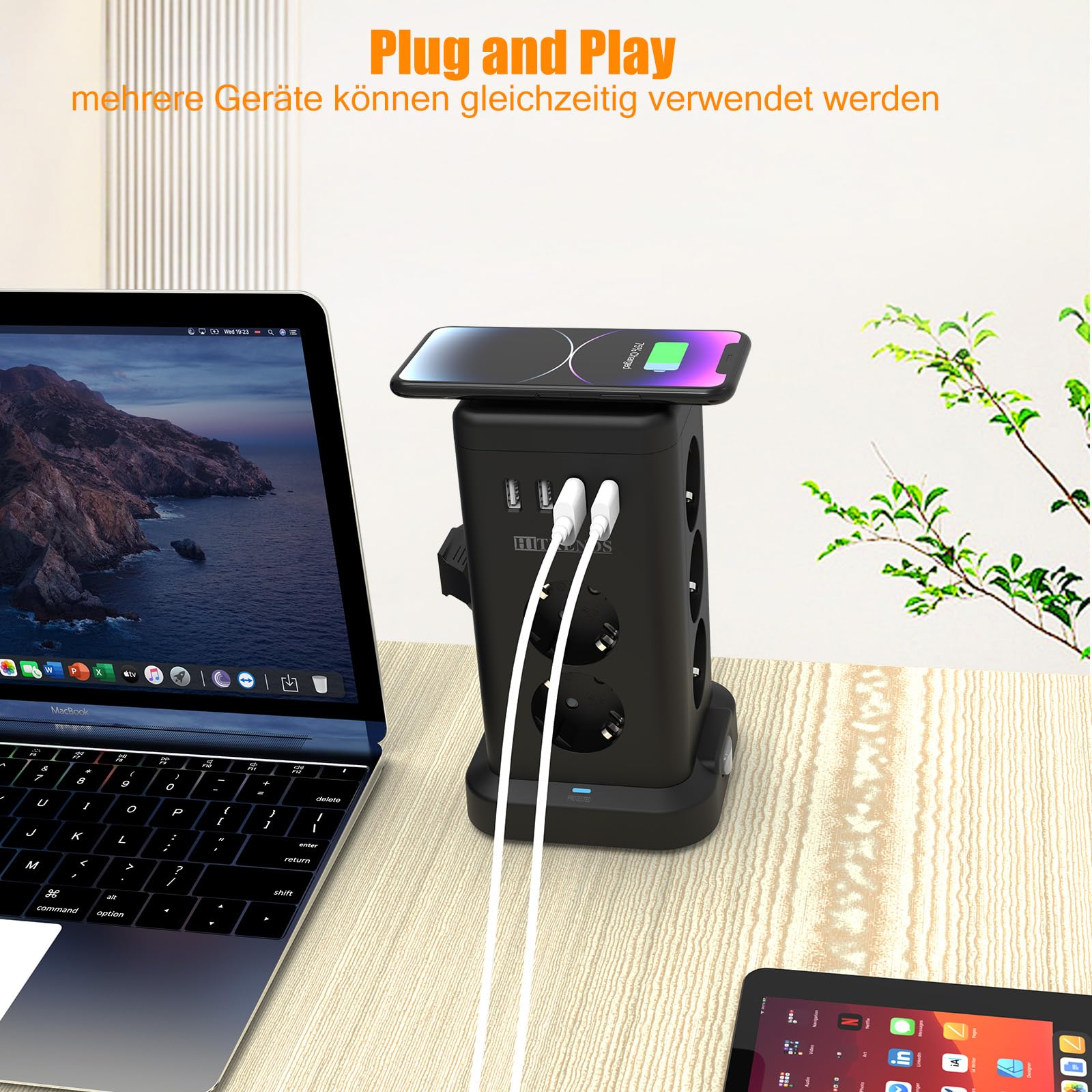 Listwa zasilająca, listwa zasilająca USB, wtyczka Schuko, czarna