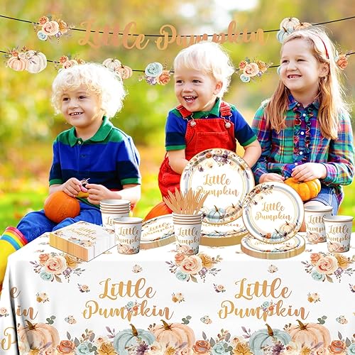 Miniatura 5 de Decoraciones de baby shower de calabaza pequeña, 142 piezas de vajilla temática de calabaza de otoño, platos de fiesta para niños y niñas, baby