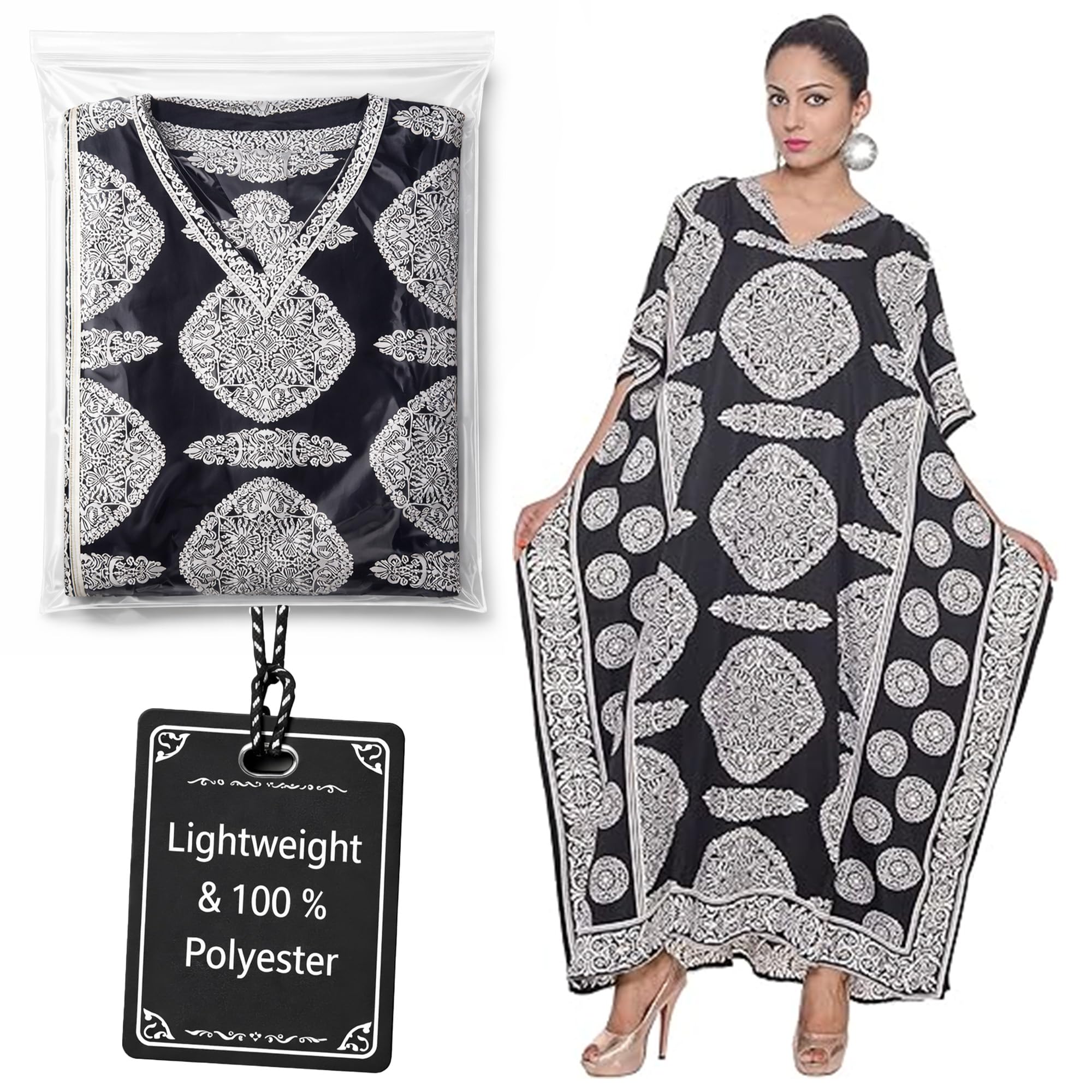 Good Times Caftan for Women Plus Size Black & White Long Maxi Beach Cover Up, Loose Fit House Dress, Casual Kaftan 1X-3X
