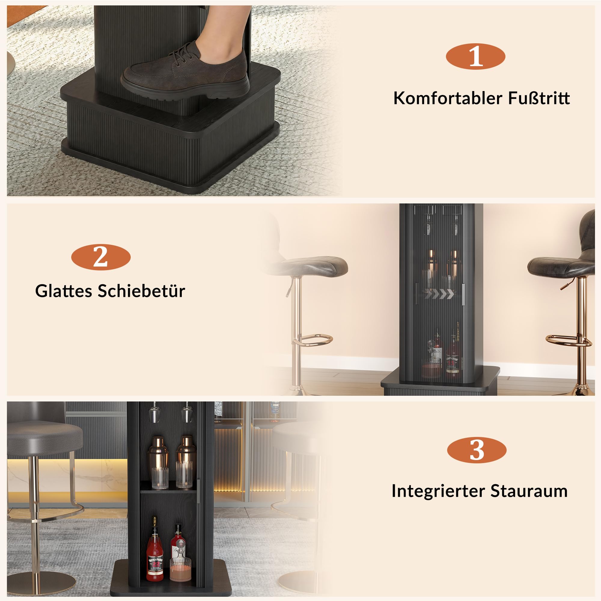 Spanplatte Bartisch Stehtisch Küchentisch, 97x70 x 70 cm Hochtisch, Seiten Tisch mit Stauraum & Weinglashalter, Belastbarkeit 30 kg, für Wohnzimmer Küche Essbereich, Schwarz