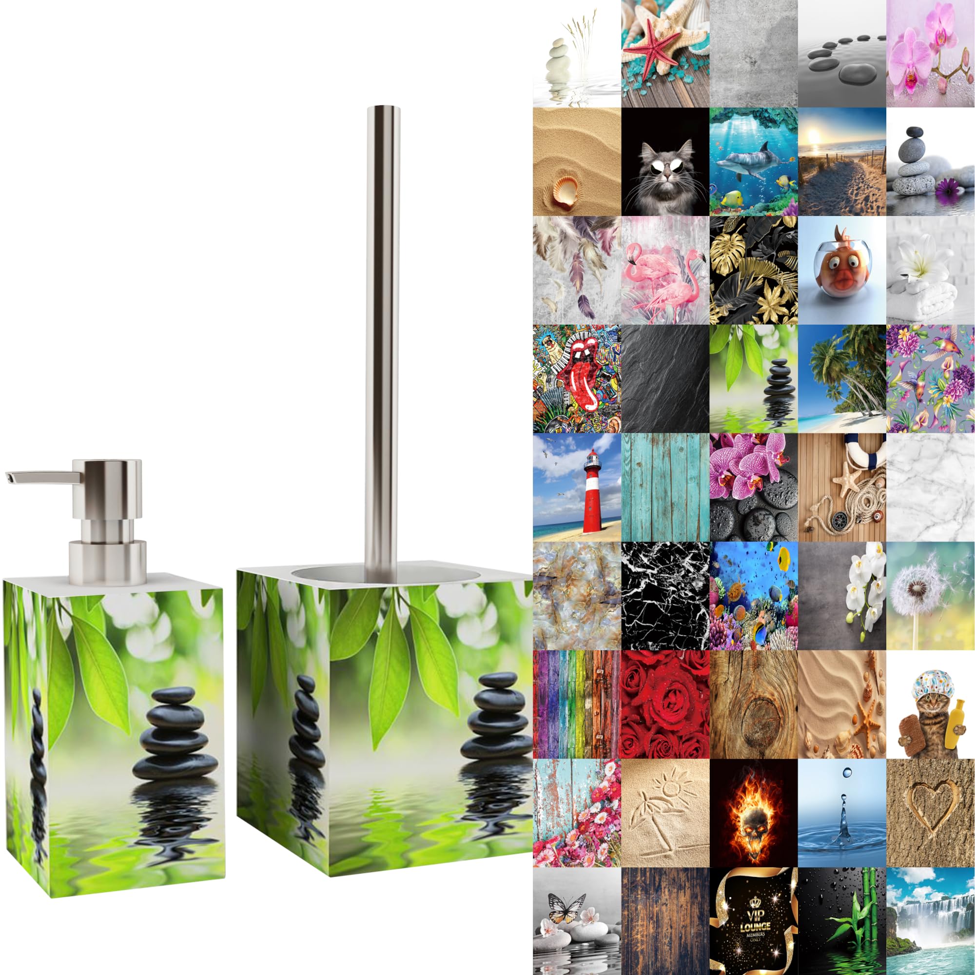 Sanilo Badezimmer Set, Seifenspender und WC Bürste mit Motiv, große Auswahl, Klobürste ohne Bohren, schöne Designs (Harmony)