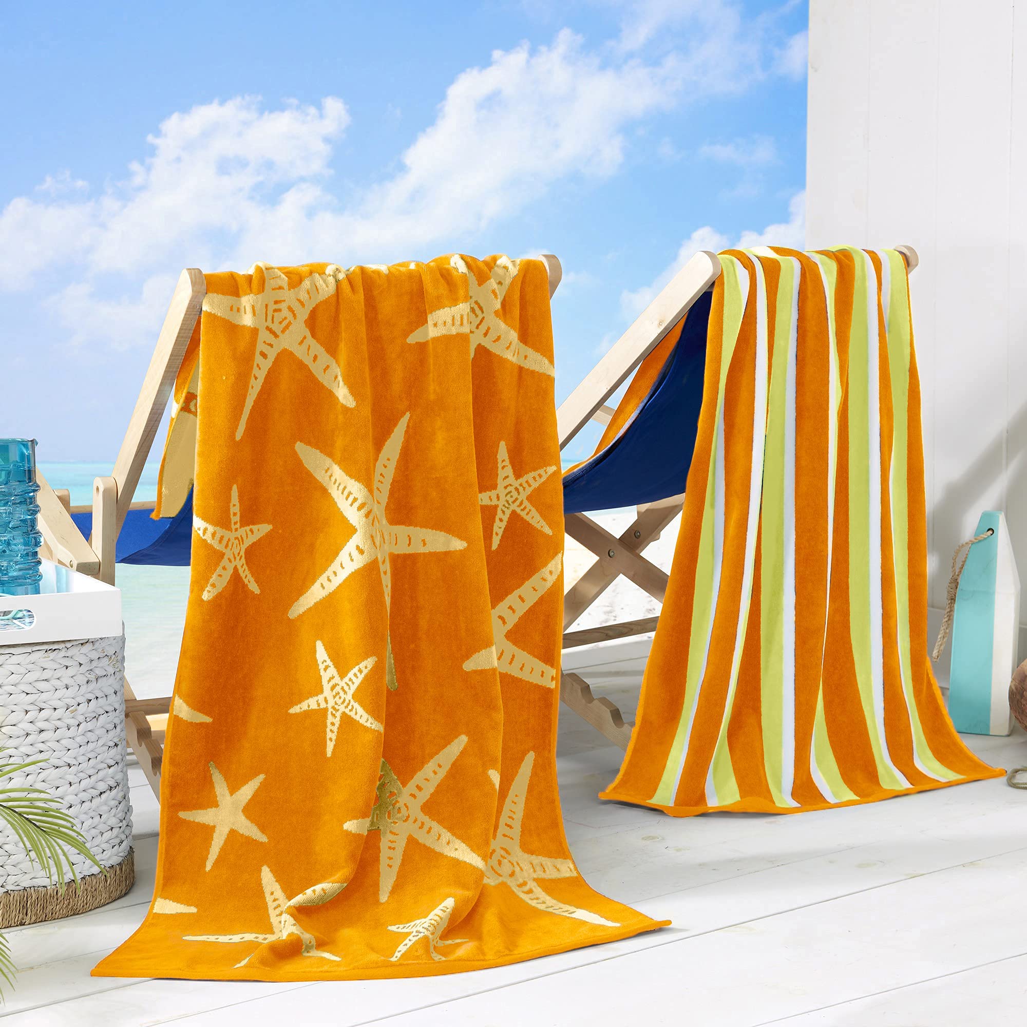 Great Bay Home Large Beach Towel Set of 2 - Starfish and Striped Beach Towels for Adults and Kids and Pool Towels with 100% Cotton - Lightweight Quick Dry Beach Towel Pack, 2 Pack - 30inch x 60inch