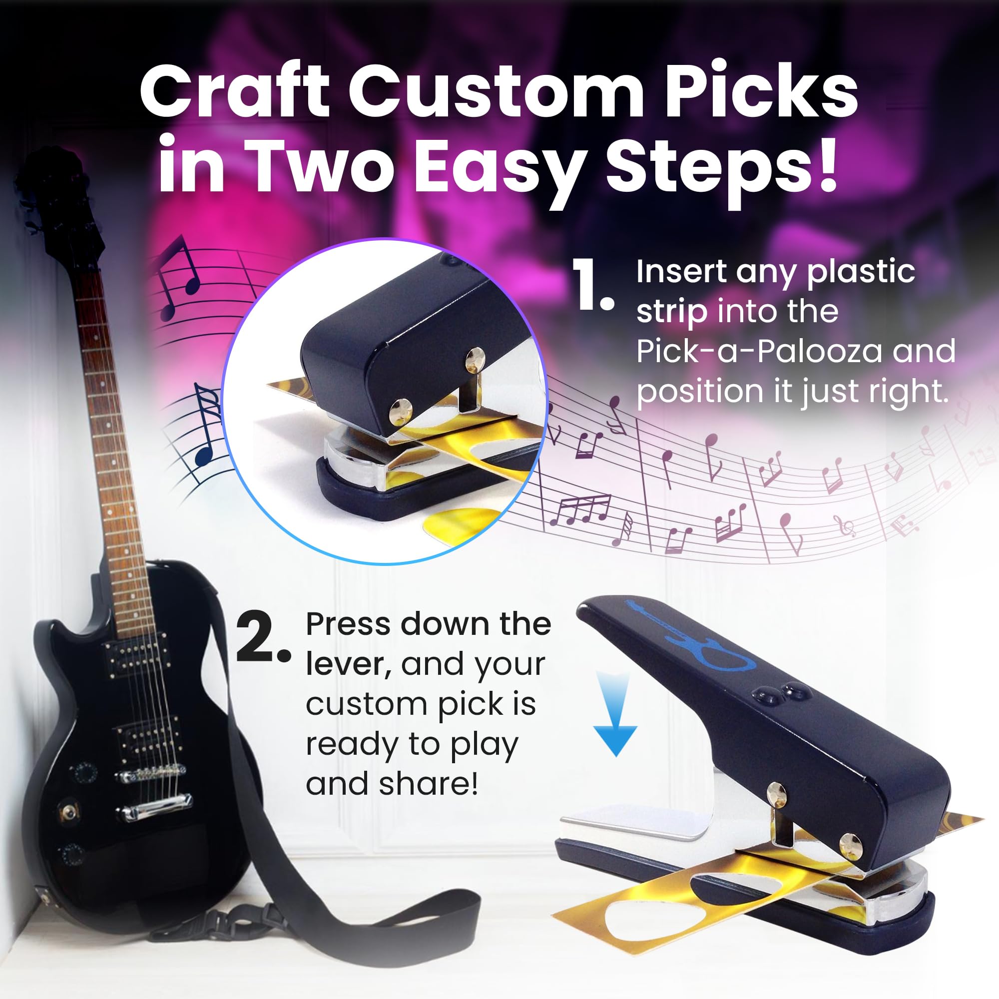 Púas de guitarra DIY Mega Pack de regalo – El fabricante de púas de guitarra premium – Incluye soporte de cuero para llavero, 15 tiras de púas y un archivo de púas, perforador azul,