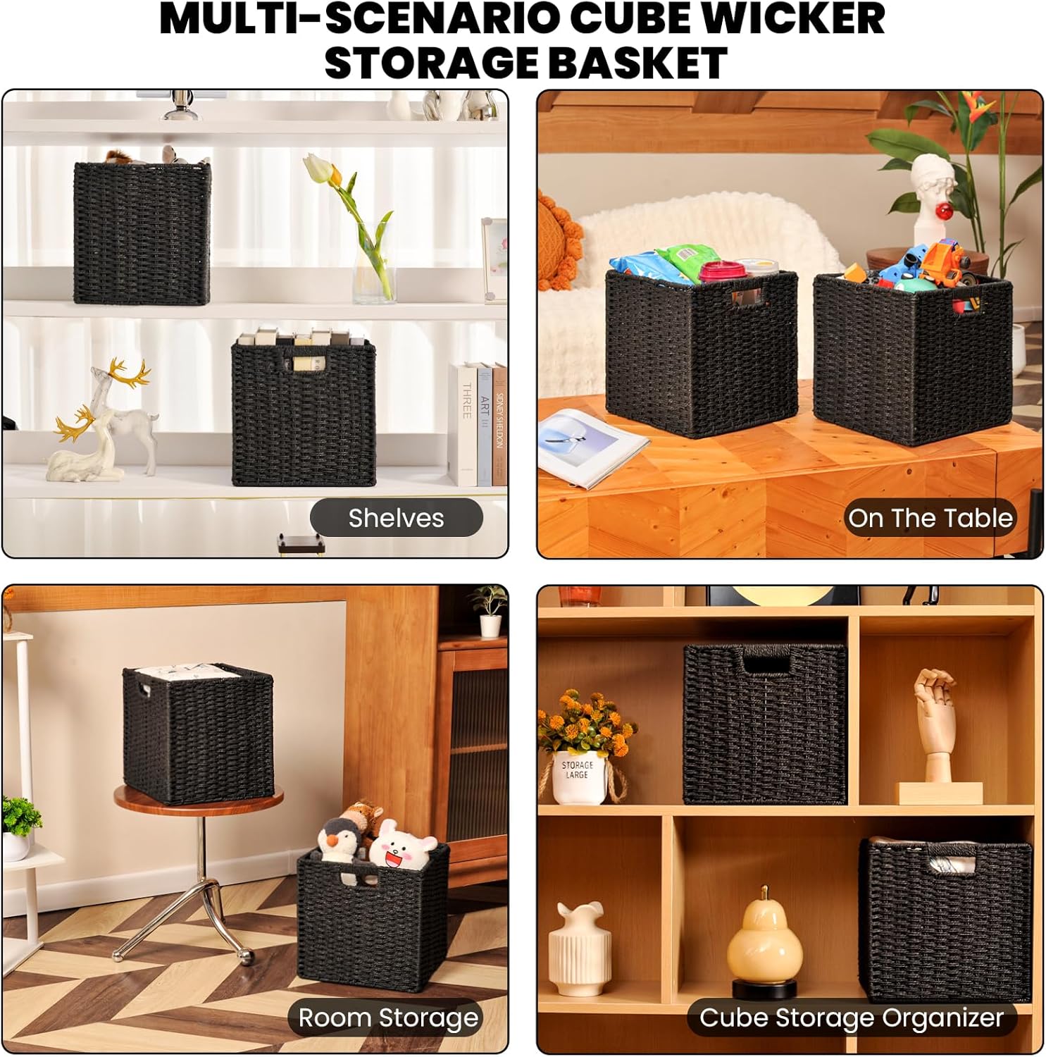 Black Storage Bins, Wicker Storage Baskets for organizing, Paper Rope Woven Basket for Storage, 11 Inch Storage Cubes bin 11x11x11, 11"x10.25"x11", 2 Packs, Black
