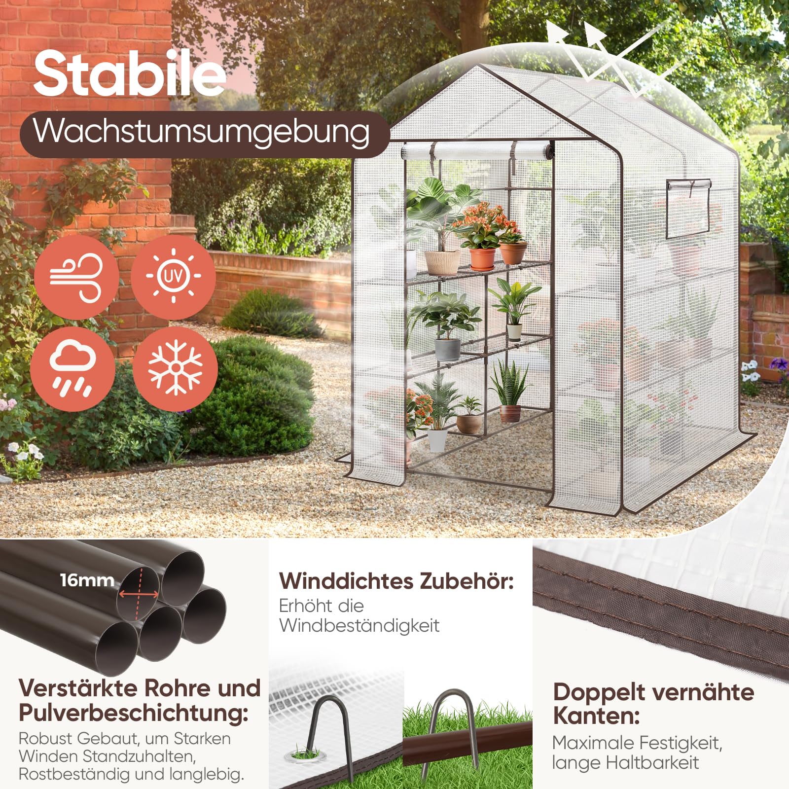 Sekey Lámina XXL para Invernadero, 200 x 145 x 145 cm, Cultivo de Tomates con 10 estantes, para jardín Estable con Cubierta de Polietileno, Resistente al Invierno, Color Blanco