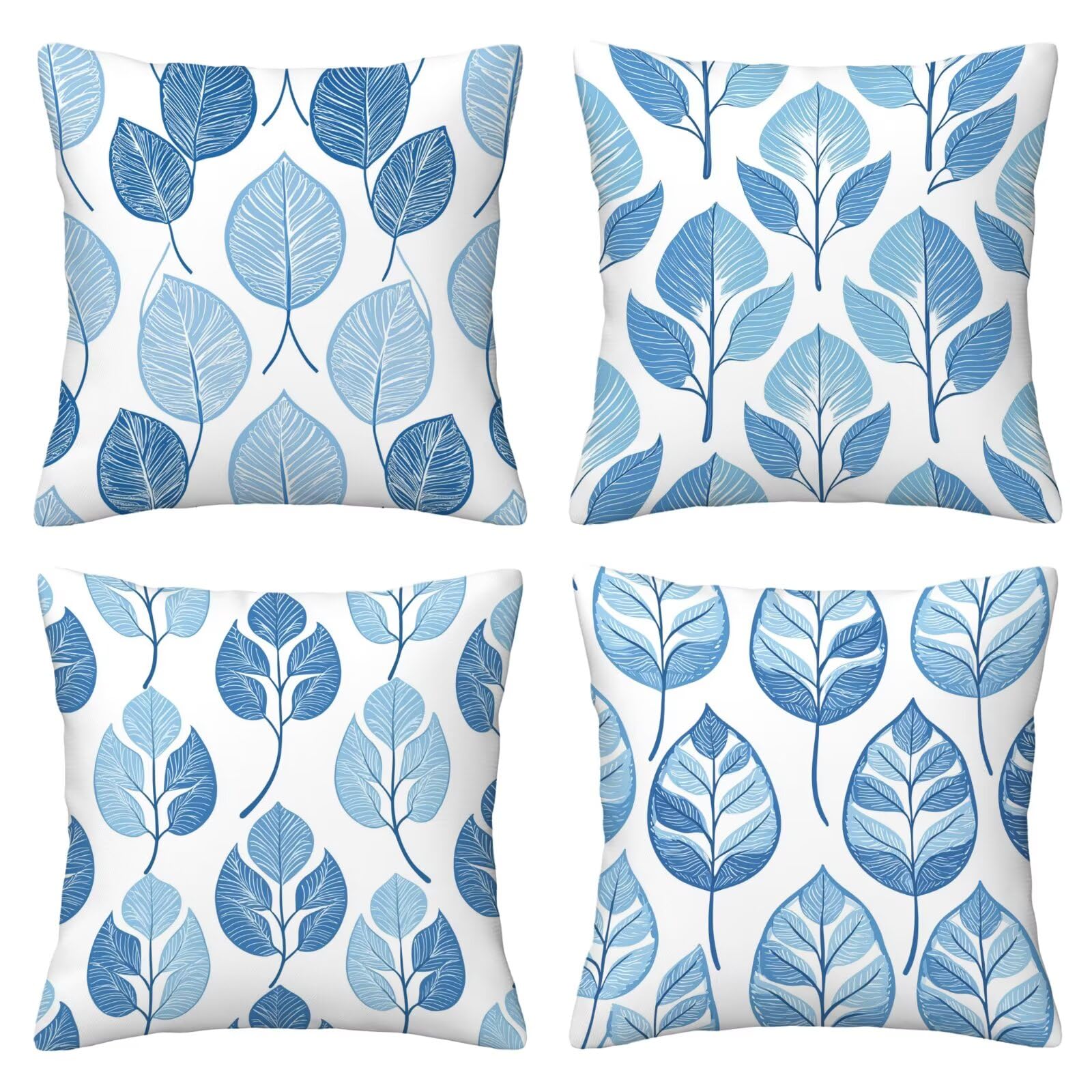 Outdoor Kissenbezug 65x65cm 4er Set Outdoor Wetterfest Kissenbezüge Blau Wasserdichte Leinen Dekorative Kissenhülle Frühling Sommer Zierkissenbezug für Balkon Terrasse Bett Garten Deko (Blätter) O-08