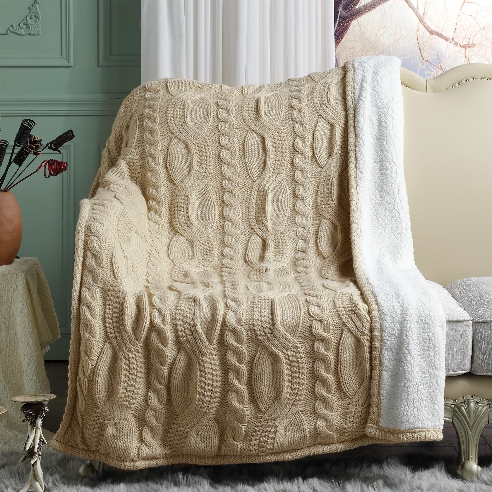 Amélie Home Cable Knit Sherpa Throw Blanket for Couch, 15% Wool Chunky Knit Blanket, Soft Sherpa Reverse, Thick Warm Blanket for Sofa Chair in Fall Winter, Farmhouse Decorative, 50x60