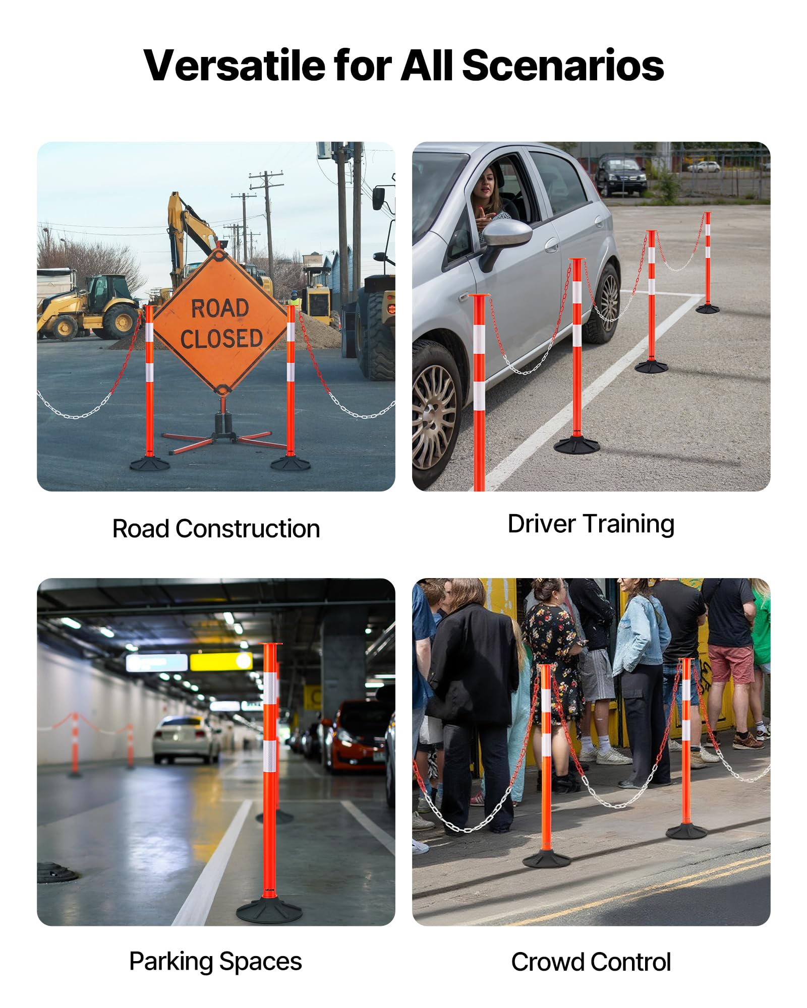 VEVOR Verkehrsleitpfosten Leitpfosten 4-tlg. (871 mm) mit beschwertem Sockel & Reflektorstreifen & Ketten, Warnpfosten für Baustellen, Parkplätze, Absperrpfosten zur Steuerung von Menschenmengen
