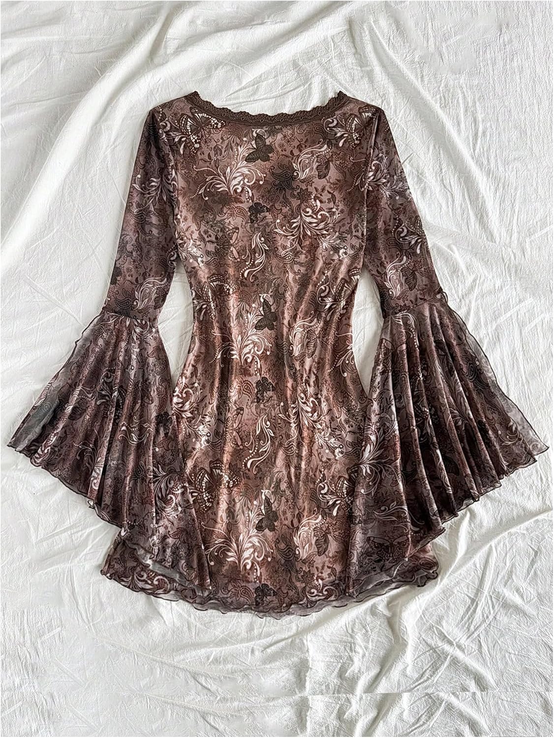 Floerns Women's Boho Western Mini Dress Floral Country Mesh Bell Sleeve Vintage Dresses - Image 2