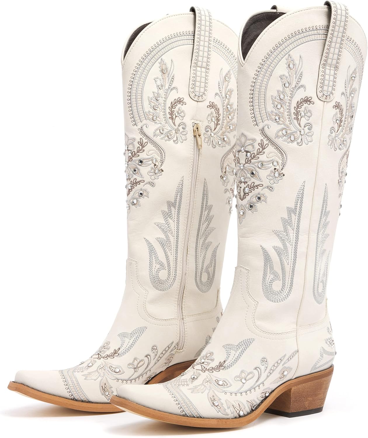 Western Cowboy Boots for Women Embroidered Rhinestones Knee High Cowgirl Boots Pointed Toe Chunky Heel Fashion Retro Classic Tall Boot SIZE 8