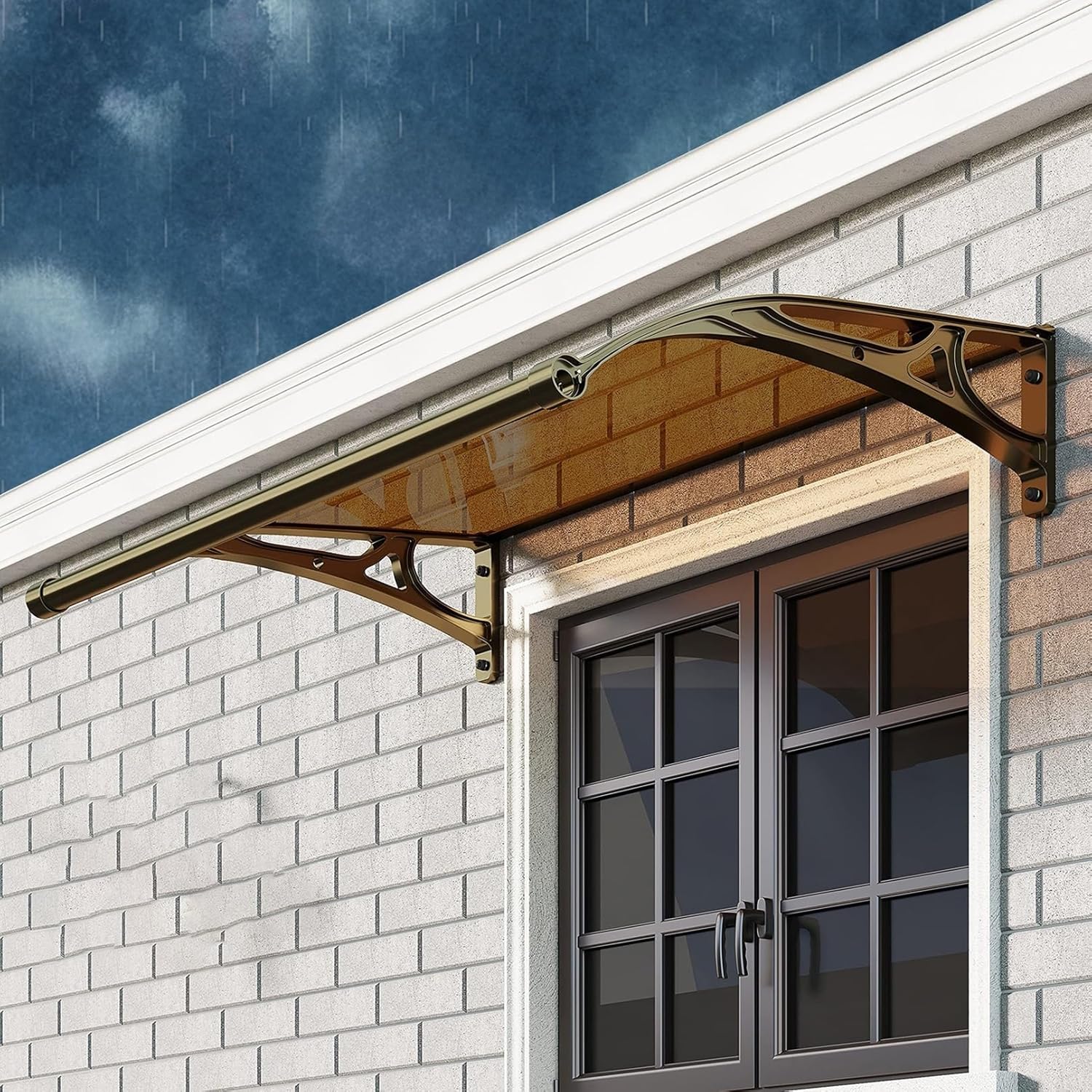 Window Door Awning Canopy UPF 50+,Aluminum Bracket Polycarbonate Board,Overhang Awning Outdoor Front Door Patio Sun Shetter, for Sun Shutter, UV, Rain, Snow Protection Solid Sheet(Color:Brown,Size:80*