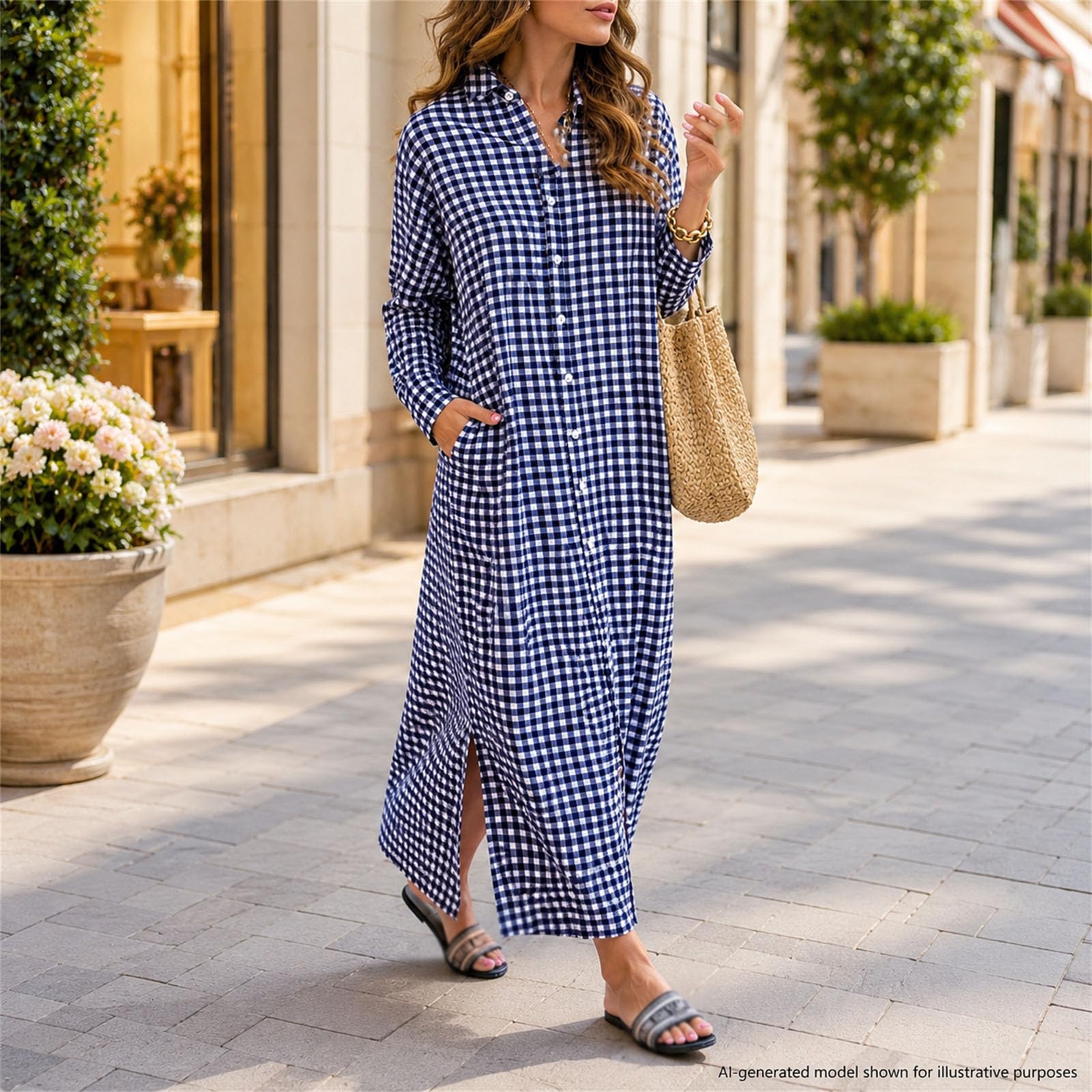 Abito da donna a quadretti, maniche lunghe, con bottoni, taglio ampio | Abito a Camicia Elegante A Quadri Con Bottoni E Taglio Ampio Per Ufficio E Tempo Libero
