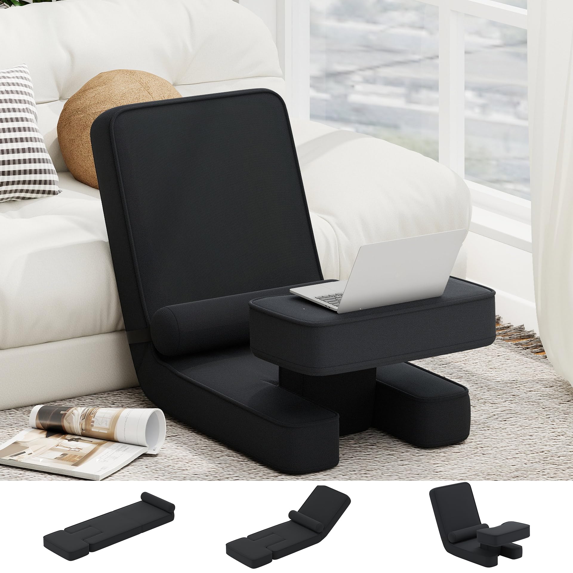 GOPLUS 3 en 1 Chaise au Sol Pliable, Fauteuil de Sol 1 Place avec Dossier Réglable 5 Positions, Repose-Pieds Table d'Appoint, Coussin Amovible, Canapé Portable Salon et Chambre, Charge 120KG