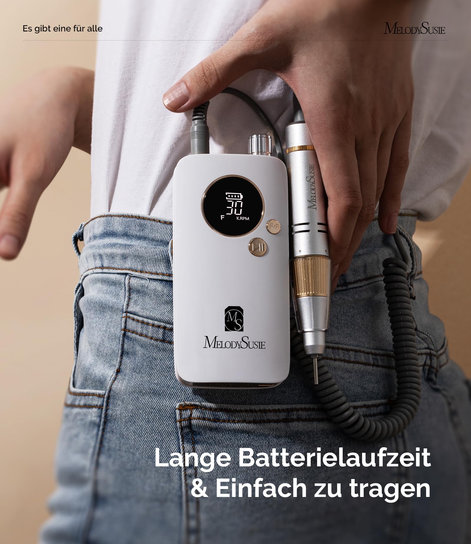 MelodySusie Tragbarer Nagelfräser 30000 RPM, SC320F Professionelle Kabellose Elektrische Nagelfeile für Acrylnägel Gel Polieren Entfernen, Efeile Nagelset für Maniküre Salon Zuhause (Weiß/Gold)