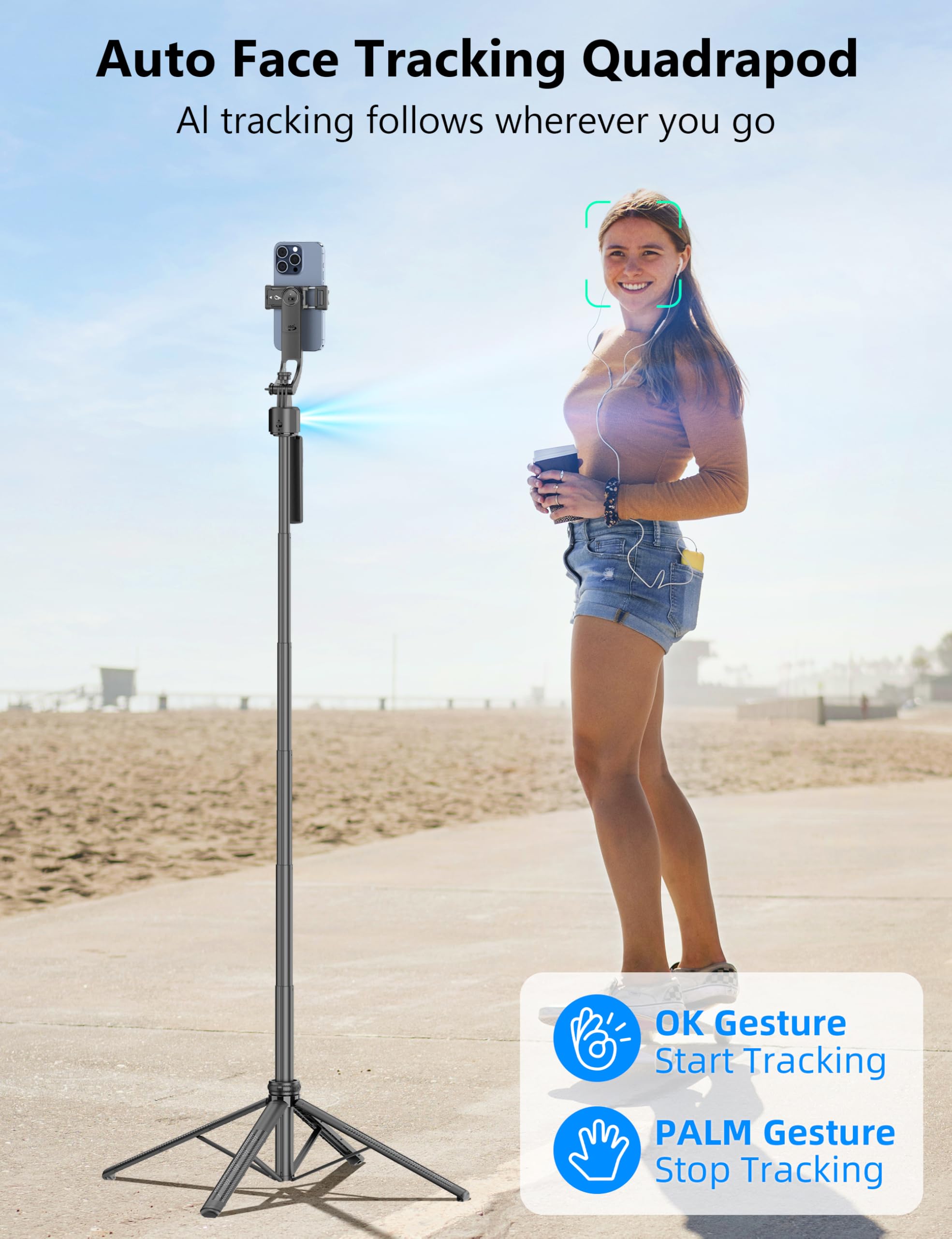 64'' Auto Face Tracking Tripod 360 Rotation with Stand, Handheld Stabilization, Aluminum Quadrapod Selfie Stick Phone Tripod with Remote Compatible with iPhone, Android for TikTok, Live Streaming