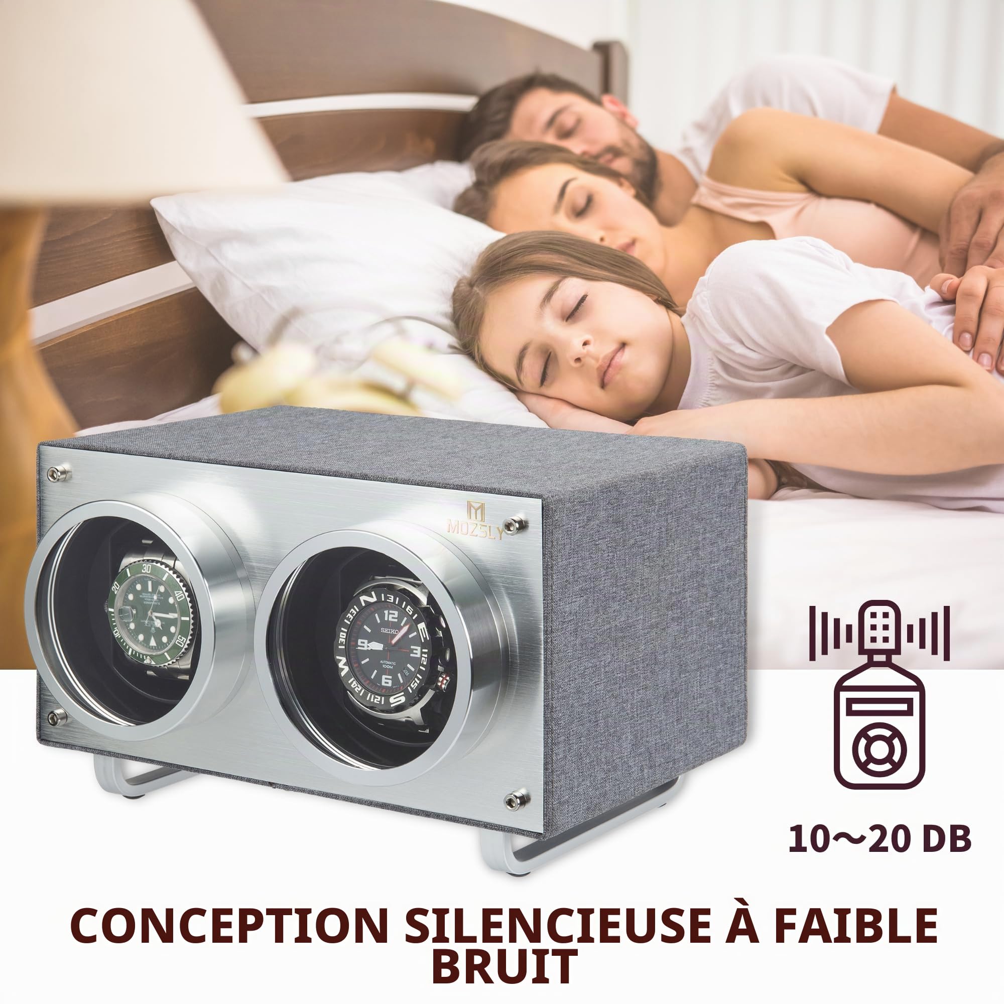MOZSLY Remontoir de montre double pour montres automatiques moteur silencieux en cuir PU, gris, MOZSLY Remontoir double pour montres automatiques avec moteur silencieux