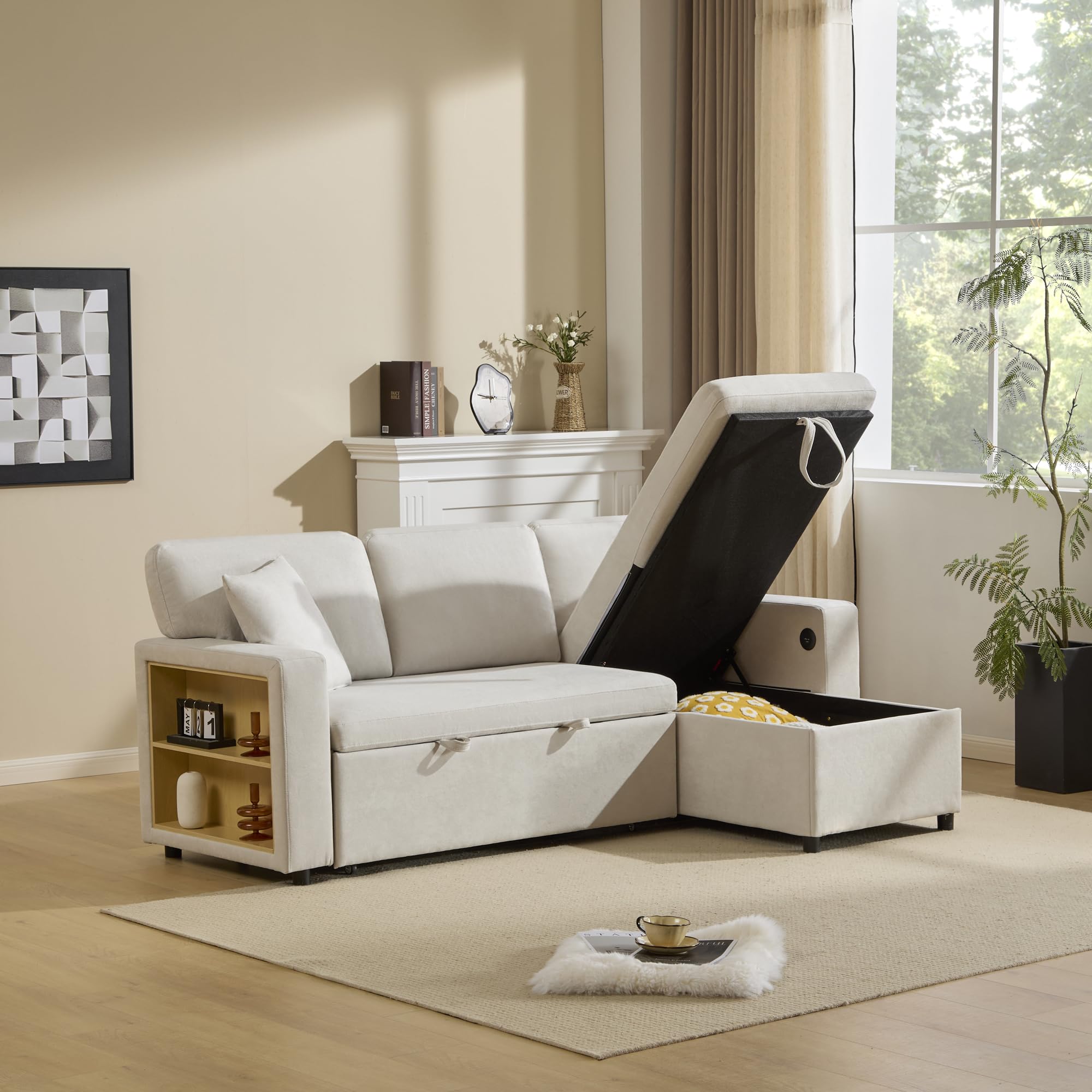 Zepneiy Divano letto estraibile con cassetta, grande divano a 3 posti a forma di L, con USB e ripiano integrato, dire mobili da soggiorno