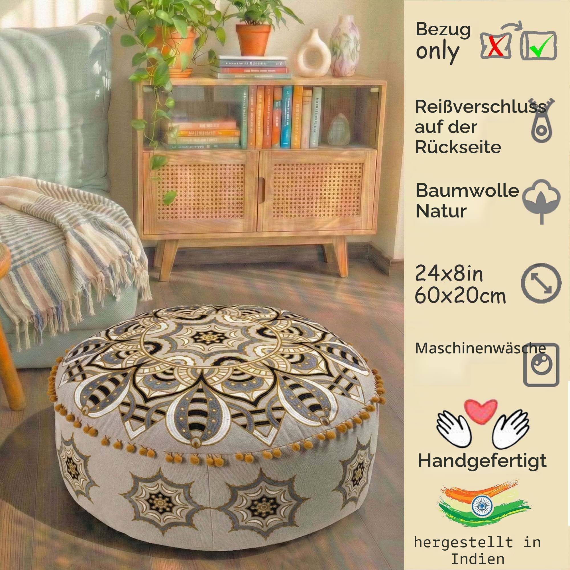 Mandala Life ART Marokkanischer Hocker Osmanische Abdeckung 60x20 cm - Boho Deco Haustierbett Fußhocker Sitzkissen Sitzhocker mit handwerklichem Raumdekor für Meditation, Yoga und Chic