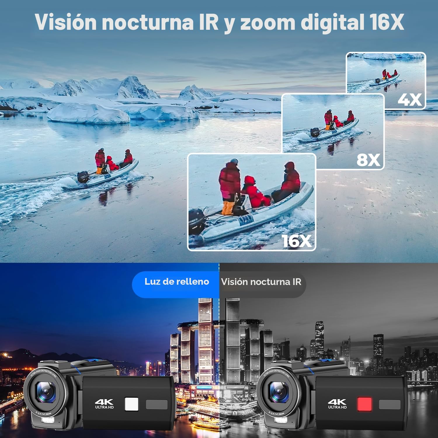 Camcorder 4K 48MP Videocámara Youtube, Visión Nocturna IR Fill Light LED, Webcam Streaming, Pantalla Táctil 3" 270°, Cámara Vlog con 32GB SD Tarjeta, Mando, Remoto