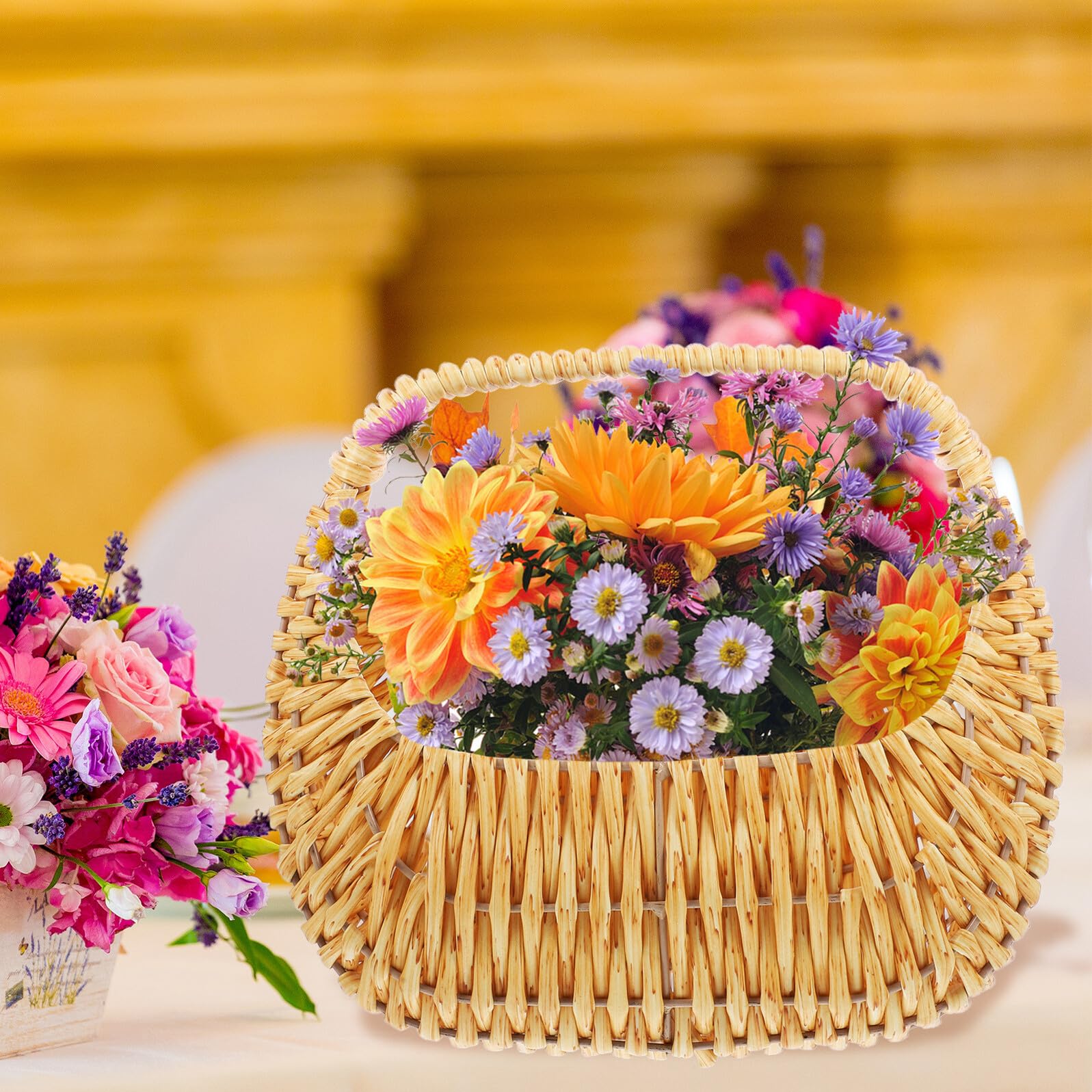 Handgeflochtener Blumenkorb mit Henkel Leichter Aufbewahrungskorb aus Robustem Material für Hochzeiten Picknick und Dekoration