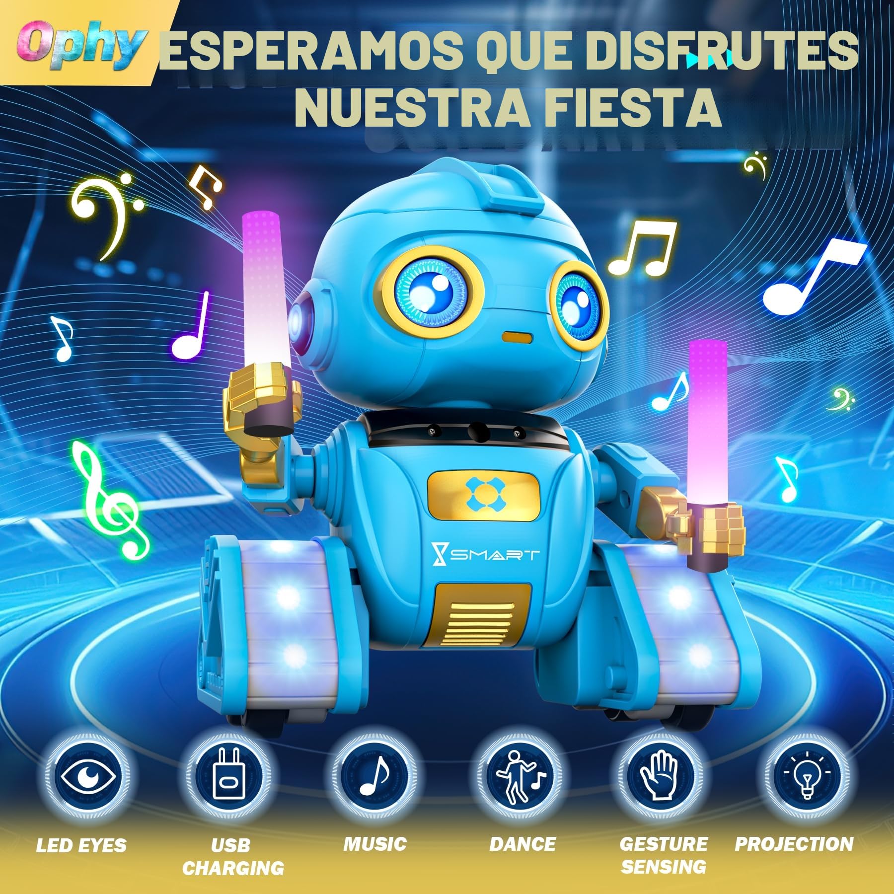 Ophy Robot Niños Juguetes Recargables y Proyectables RC Robot con Ojos LED y Música Juguete RC con Sensor de Gestos para A Partir de 3 4 5 6 7 8 9 10 años Regalo Azul Víspera de Todos los Santos