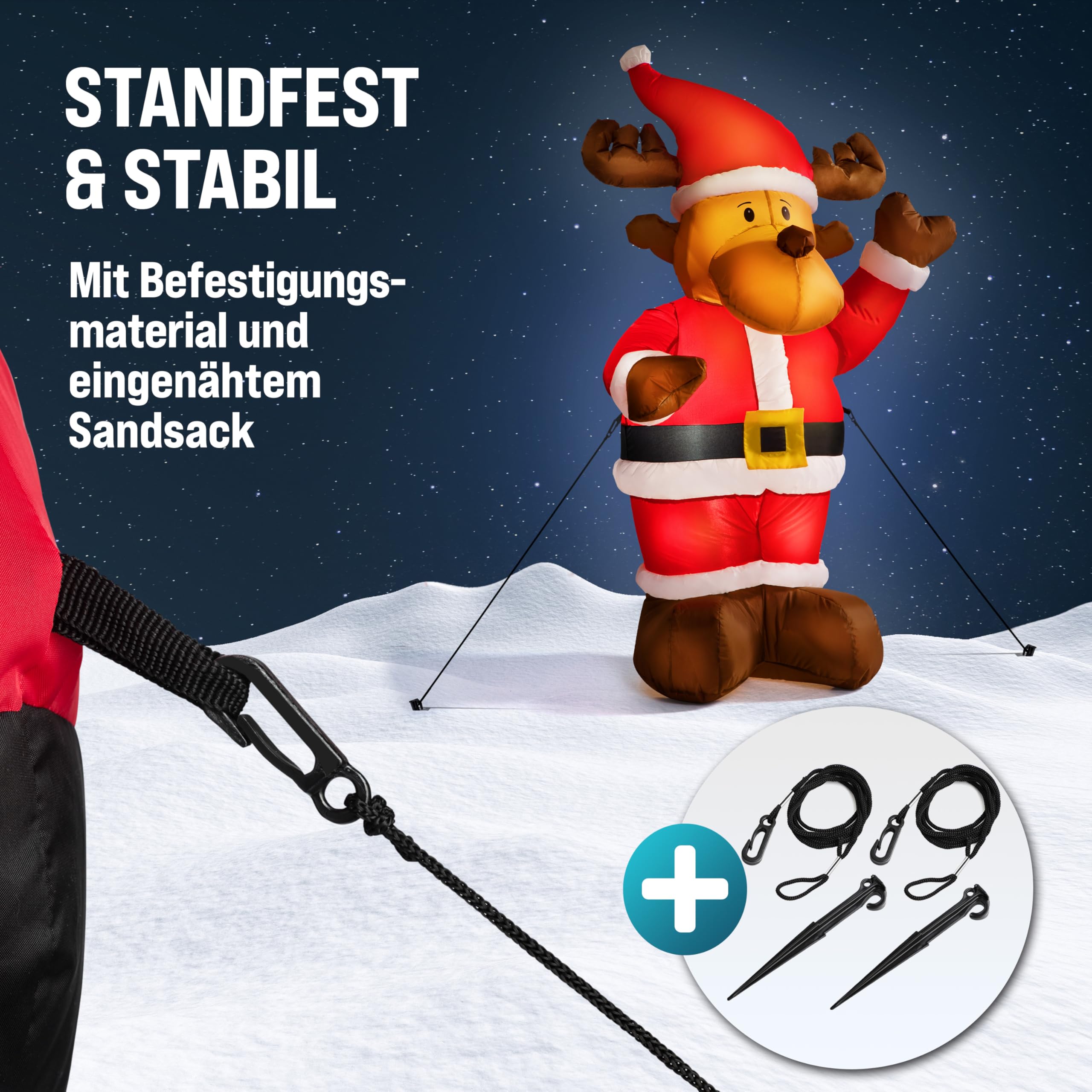 MONZANA® Aufblasbares Rentier 135cm LED Beleuchtet Befestigungsmaterial IP44 Außen Witterungsbeständig Weihnachtsdeko Weihnachtsfigur Christmas | 135 cm, LED, Beleuchtet, Befestigungsmaterial, IP44, Außen, Witterungsbeständig, Weihnachtsdeko, Weihnachtsfi