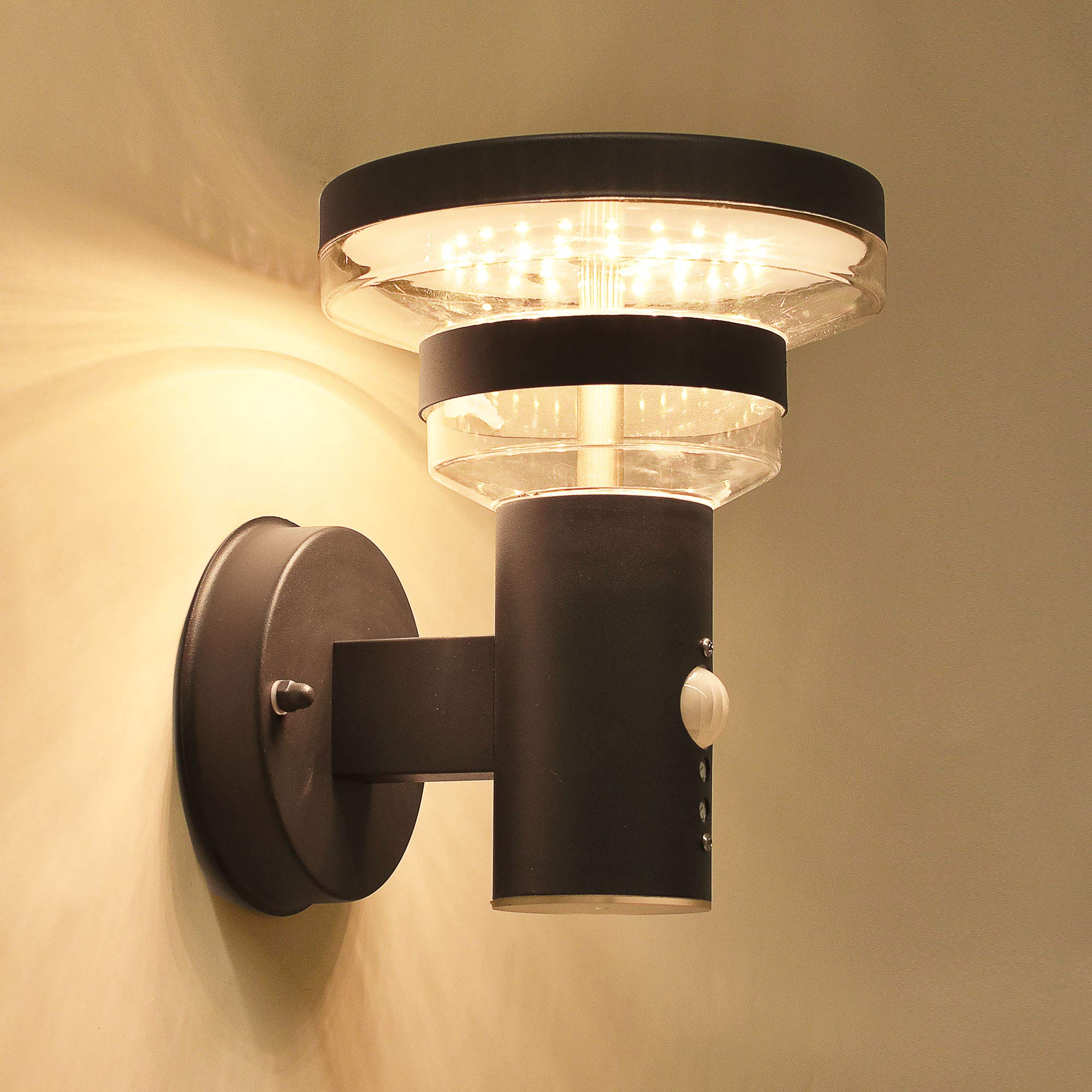 Maxkomfort LED Außenwandleuchte 313A1 Anthrazit mit Bewegungsmelder – Edelstahl Wandlampe 9W, 3000K warmweiß, IP44, 530lm, 230V, Sensor mit Zeit- & Dämmerungseinstellung