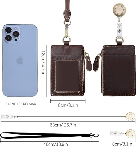 Miniatura 2 de Wonderpool Soporte de cuero para tarjetas de identificación con bolsillo con cremallera, ranuras para tarjetas, cordón desmontable para el cuello y