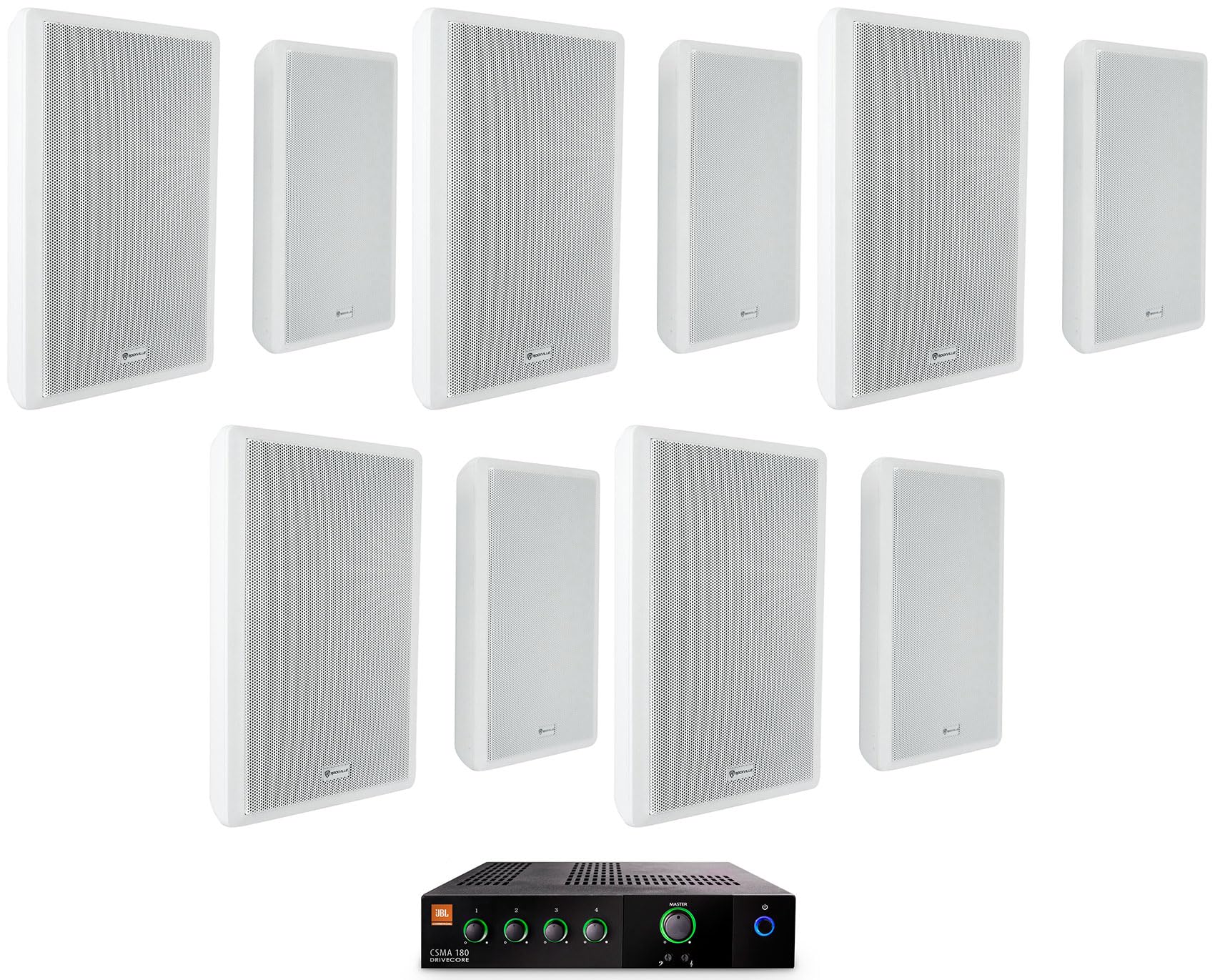 Audiosavings Bundle: (1) JBI CSMA180 80w Commercial 70v Amplifier Mixer for Restaurant/Bar/Cafe Bundle with (5) Pair Rockville RockSlim 70W White 5.25