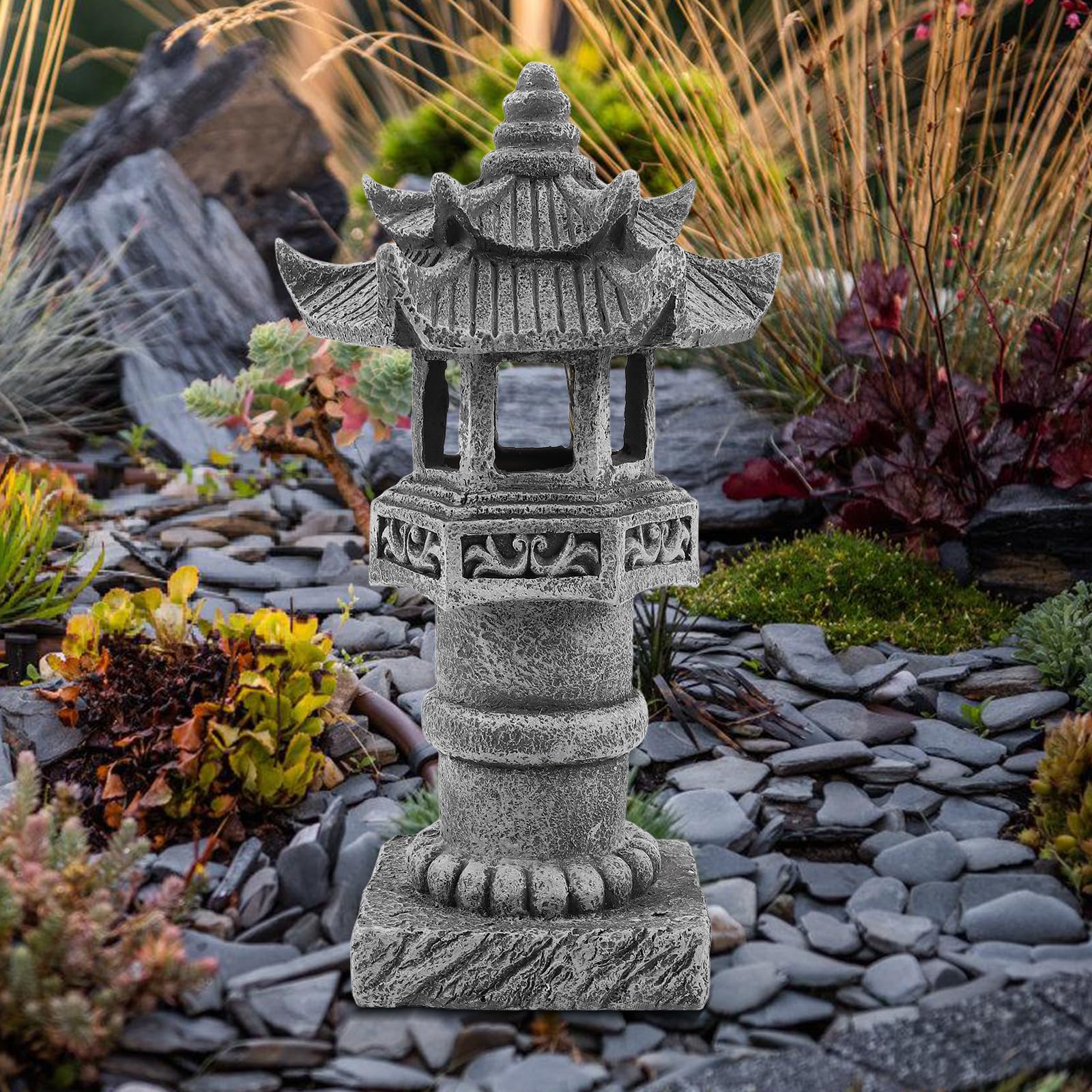 GLEAVI Estatua de Pagoda de Jardín de Resina Resistente al Clima Diseño Elegante para Césped y Patio, Linterna Zen Japonesa para Decoración Exterior