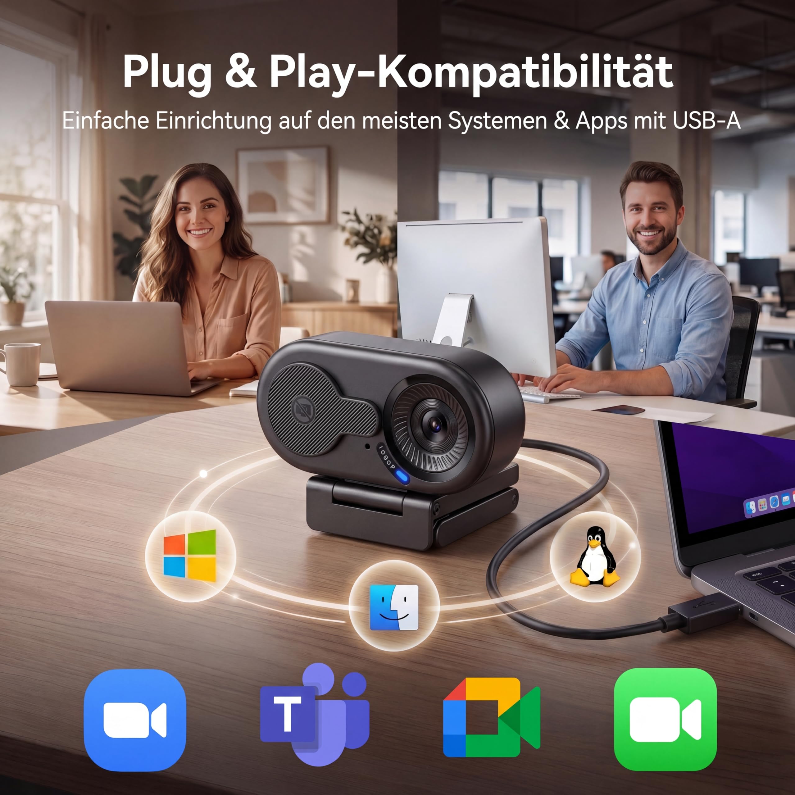 EMEET C100 Webcam 1080P, Fixfokus, 66° Sichtfeld, integriertes Mikrofon, Sichtschutzabdeckung, tragbarer Metallclip, Webcam für Homeoffice, Meetings, Streaming, Desktop, Laptop, PC