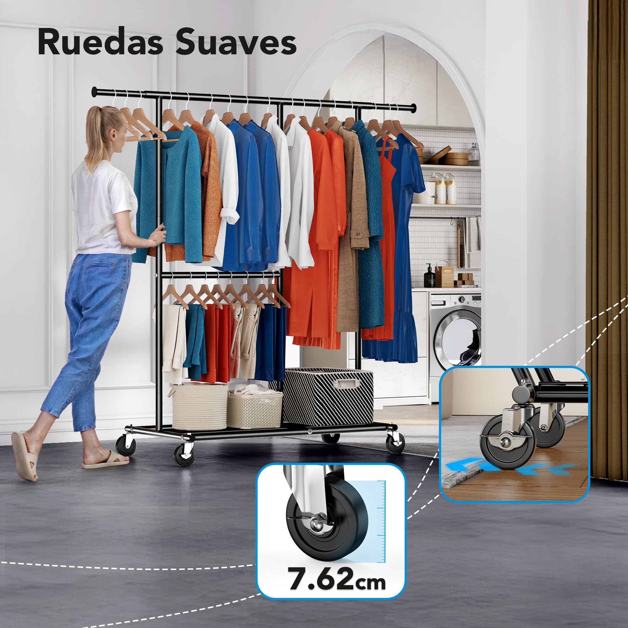 HOKEEPER Burro de Ropa Resistente de Doble Barra con Ruedas, 209kg, Altura Ajustable y Barra Extensible, Armario Móvil para Dormitorio, Boutique