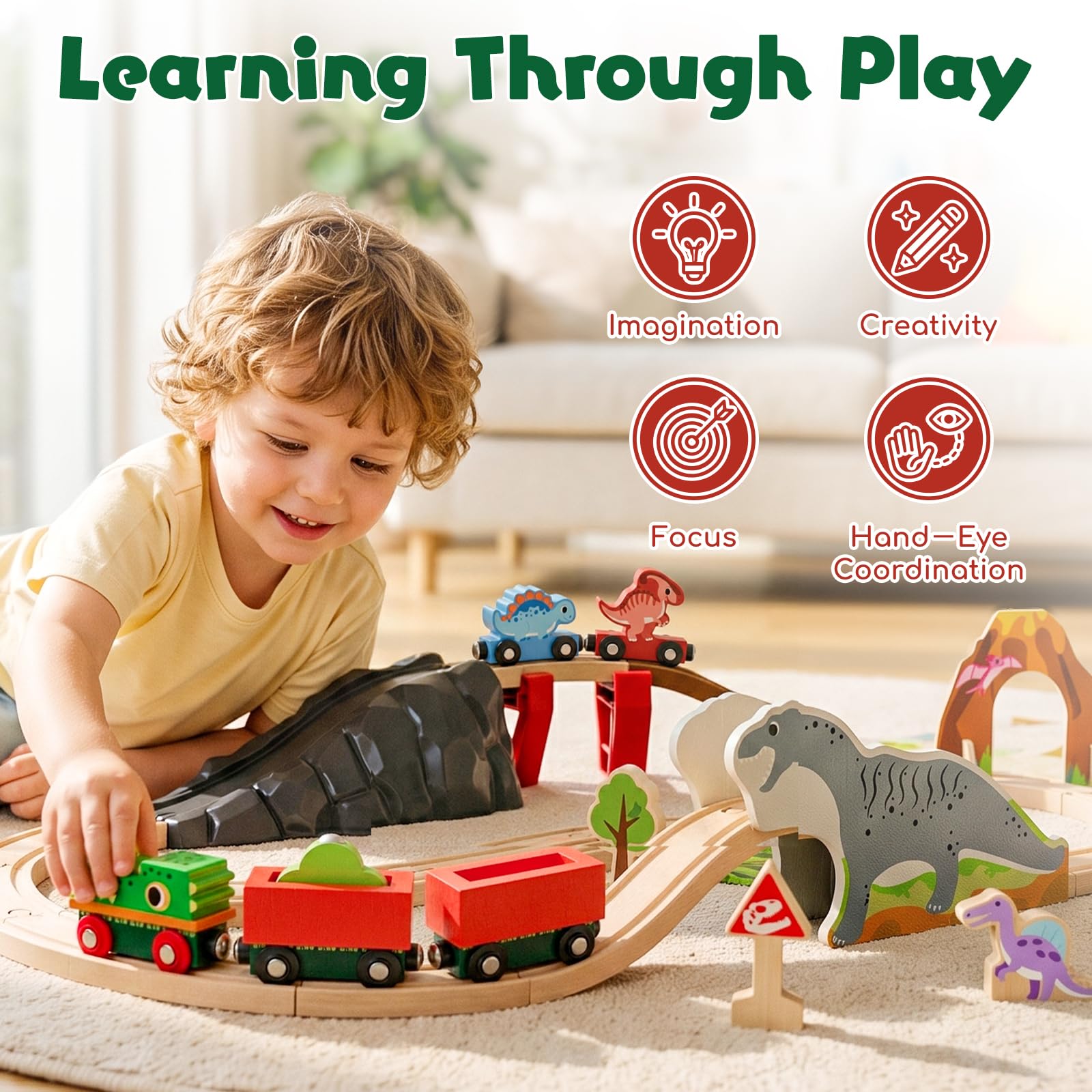 Lehoo Castle Tren Madera, Juguete de Dinosaurios para Niños, Juguete de Tren Compatible con Thomas, Brio y Hape, Regalo para Niños y Niña
