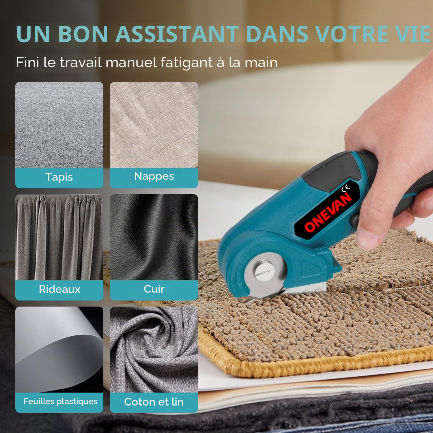 ONEVAN Ciseaux électrique tissu couture sans fil professionnel 300W - Coupe-tissu industriel haute performance - Découpe précise cuir, tapis, textile (2 batteries lithium + chargeur)