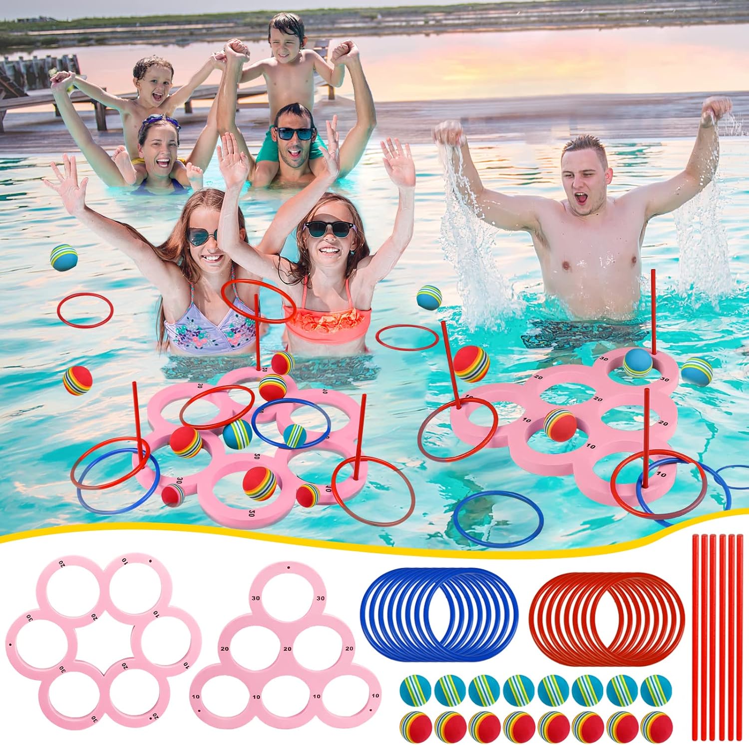 2 Sets Of Pool Ring Toss Game With Score, Floatable Ball Toss Game With Rings And