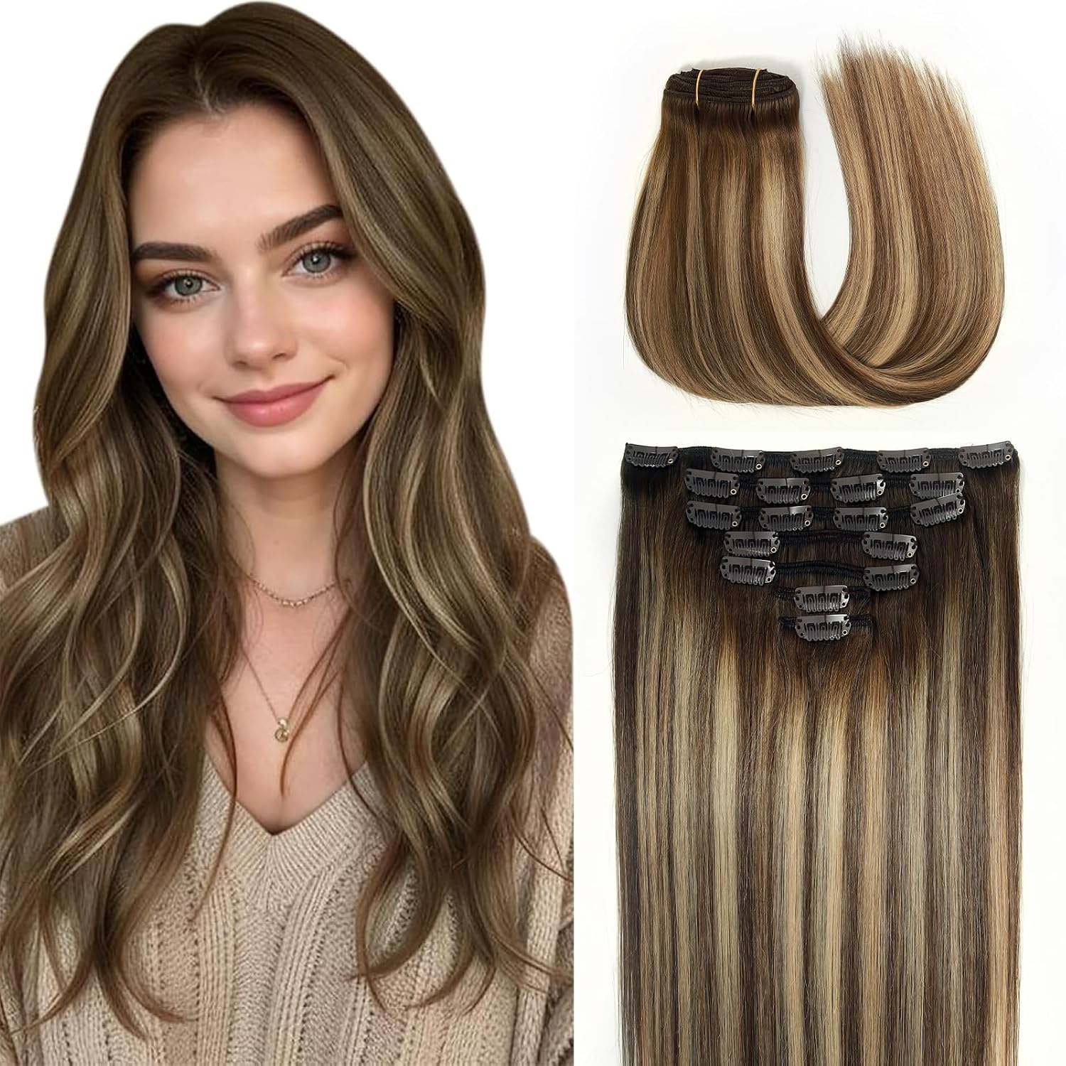 WOWANGEL Clip in Hair Extensions Human Hair,16" Seamless Clip Ins No Damage,7pcs 120g Remy Hair Reusable for Daily Styling,Weddings,Events,Dark Brown(2#)
