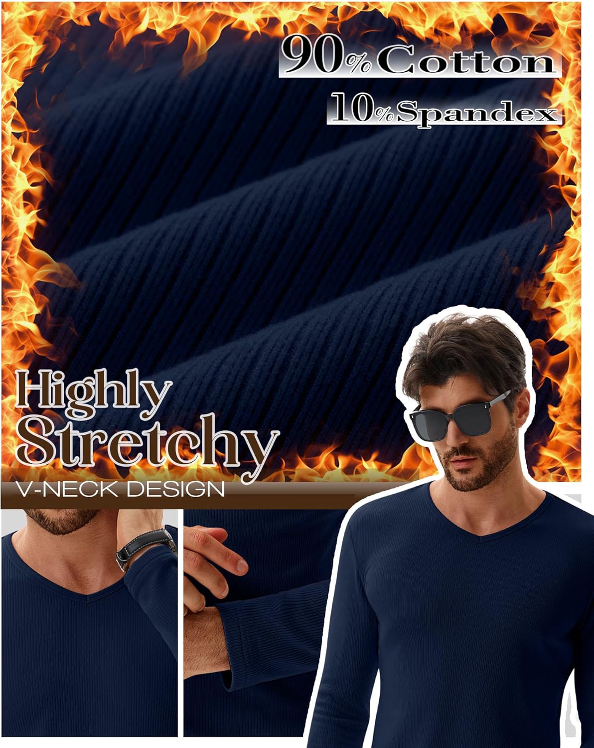 3 Pack Men's V Neck Thermal Ribbed Shirts Cotton Long Sleeve Casual Underwear Slim Fit Stretchy Base Layer Tops - Image 3