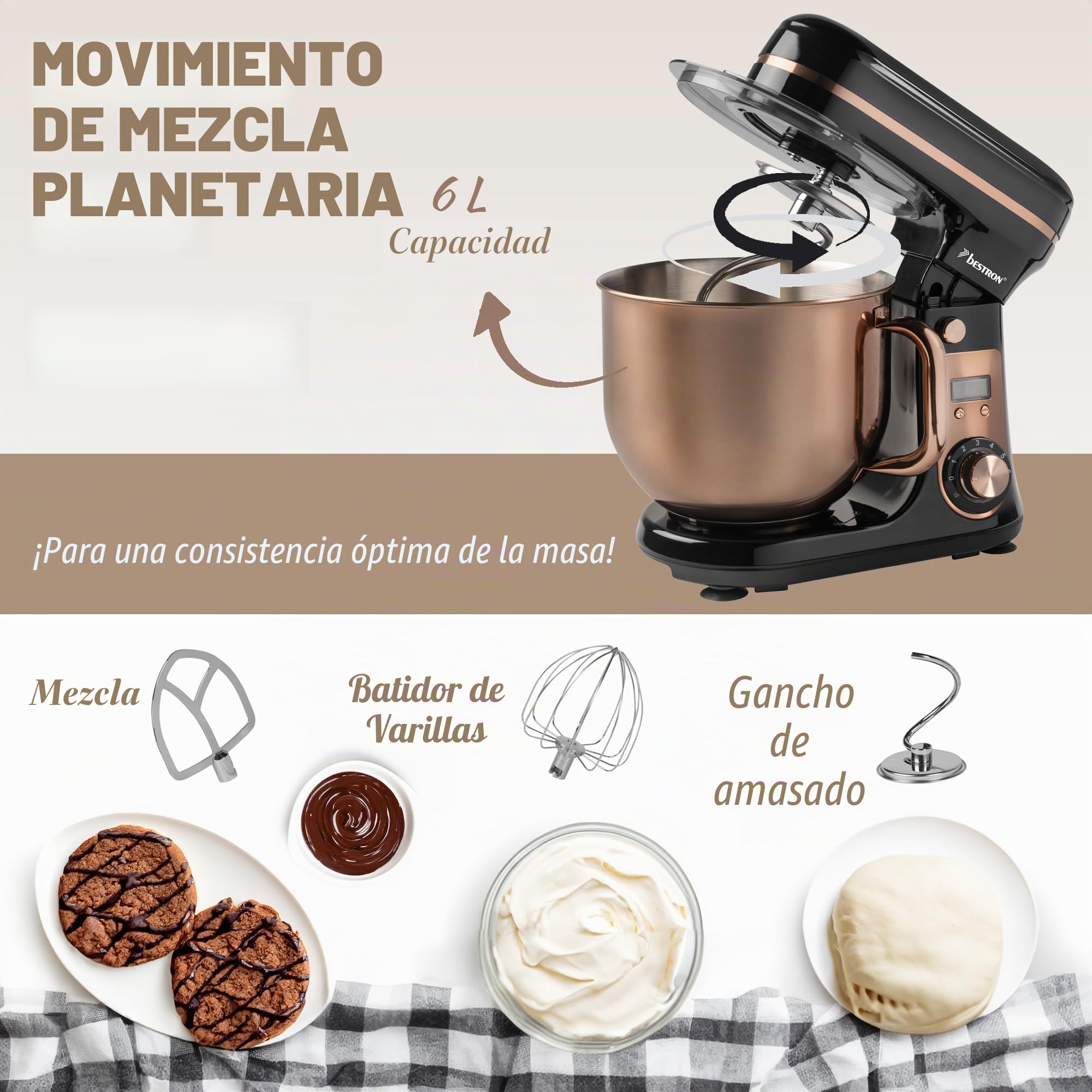 Bestron - Robot pastelero (65 dB), robot de cocina 4 en 1, cuenco de 6 litros, incluido gancho amasador, batidor y batidor plano, 6 velocidades + función Pulse, Cobre
