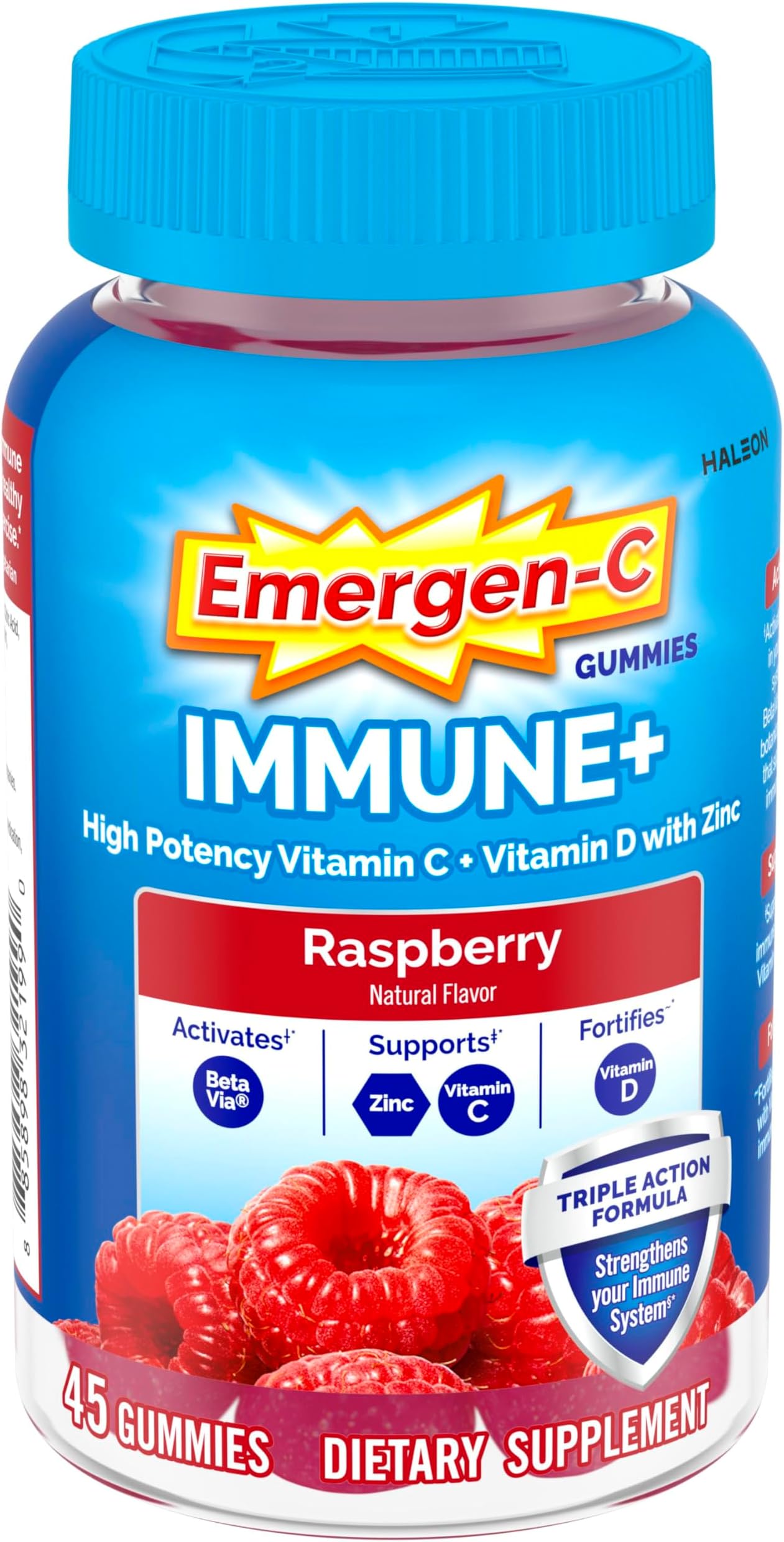 Immune+ Triple Action Immune Support Gummies, BetaVia (R), 1000mg Vitamin C, B Vitamins, Vitamin D and Antioxidants, Raspberry โ 45 Count