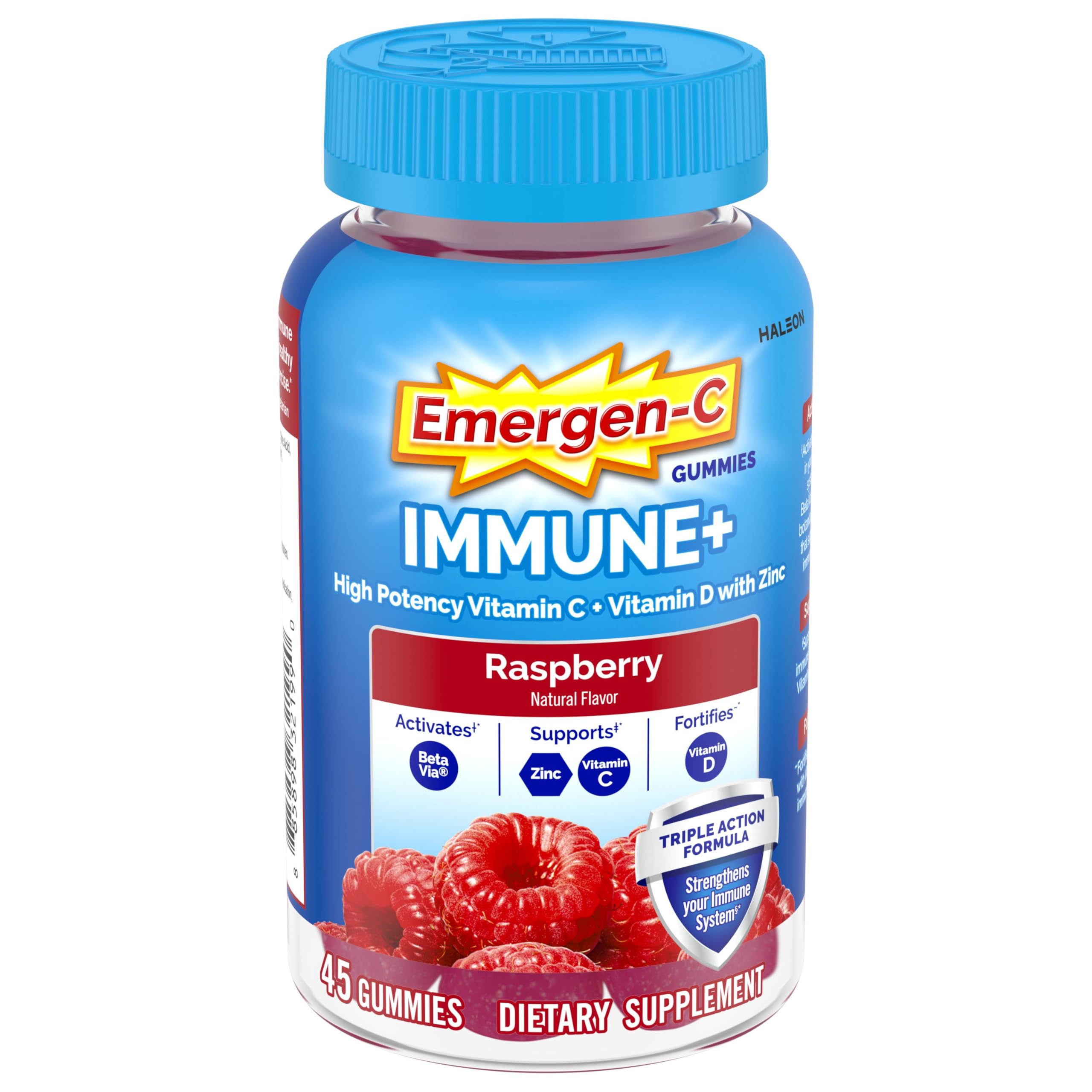 Emergen-C Immune+ Triple Action Immune Support Gummies, BetaVia (R), 1000mg Vitamin C, B Vitamins, Vitamin D and Antioxidants, Raspberry – 45 Count