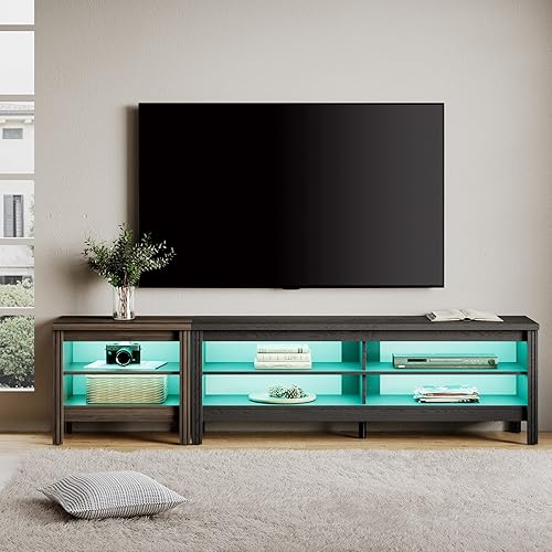 Soporte de TV grande para TV de 85 pulgadas con luz LED RGB de 16 colores, centro de entretenimiento para TV de 60 a 80 pulgadas con 6 cubos,