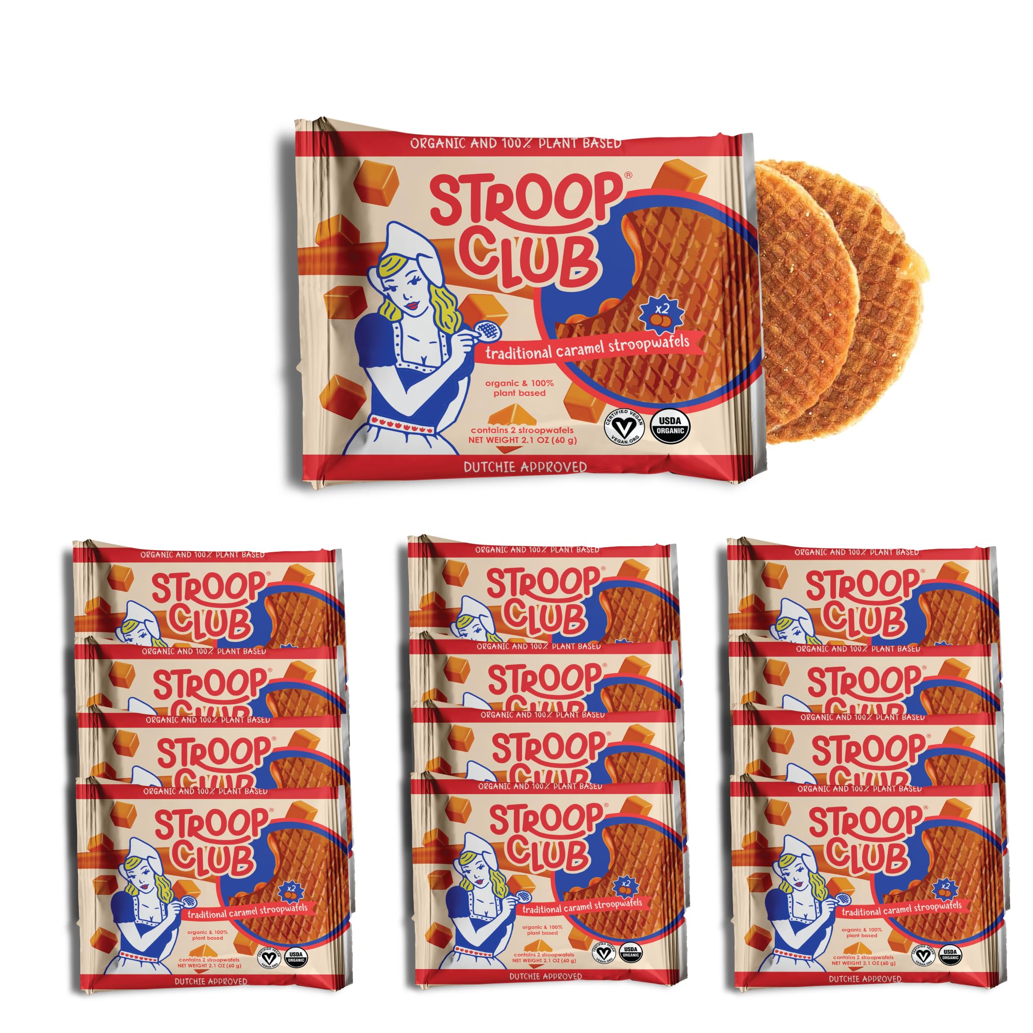 Stroop Club Traditional Organic Stroopwafel Caramel Treats | Vegan, Plant-Based and Dutch-Approved Indulgence - 24 Vegan Waffle cookies (12 Pack of 2)