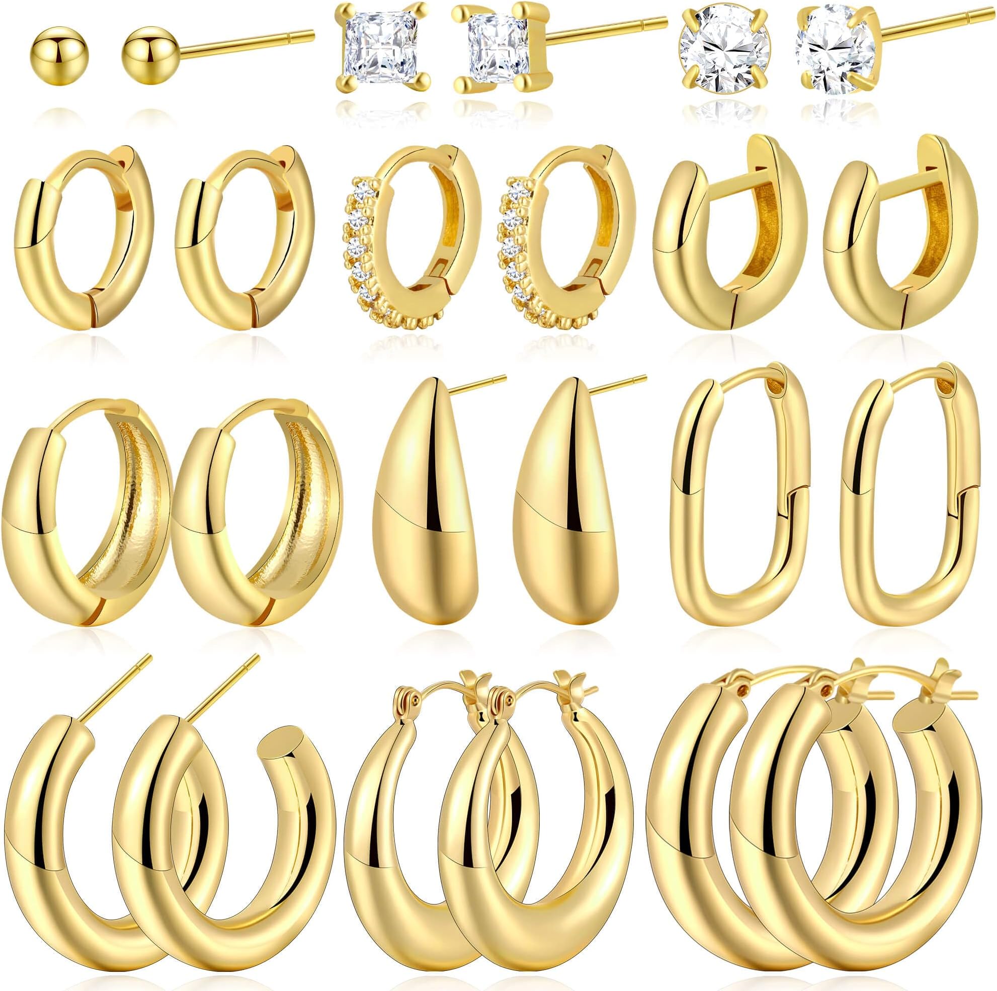 12 Pairs Chunky Gold Hoop Earrings Set for Women Trendy, 14K Gold Plated Lightweight Hypoallergenic Dainty Small Stud Huggie Hoop Earrings Pack for Sensitive Ears