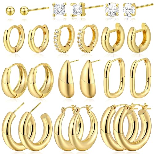 6 Pairs Chunky Gold Hoop Earrings Set for Women 14K Gold Plated Hypoallergenic Thick Open Huggie Hoop Set Jewelry for Christmas Gifts - Gold-12Pairs