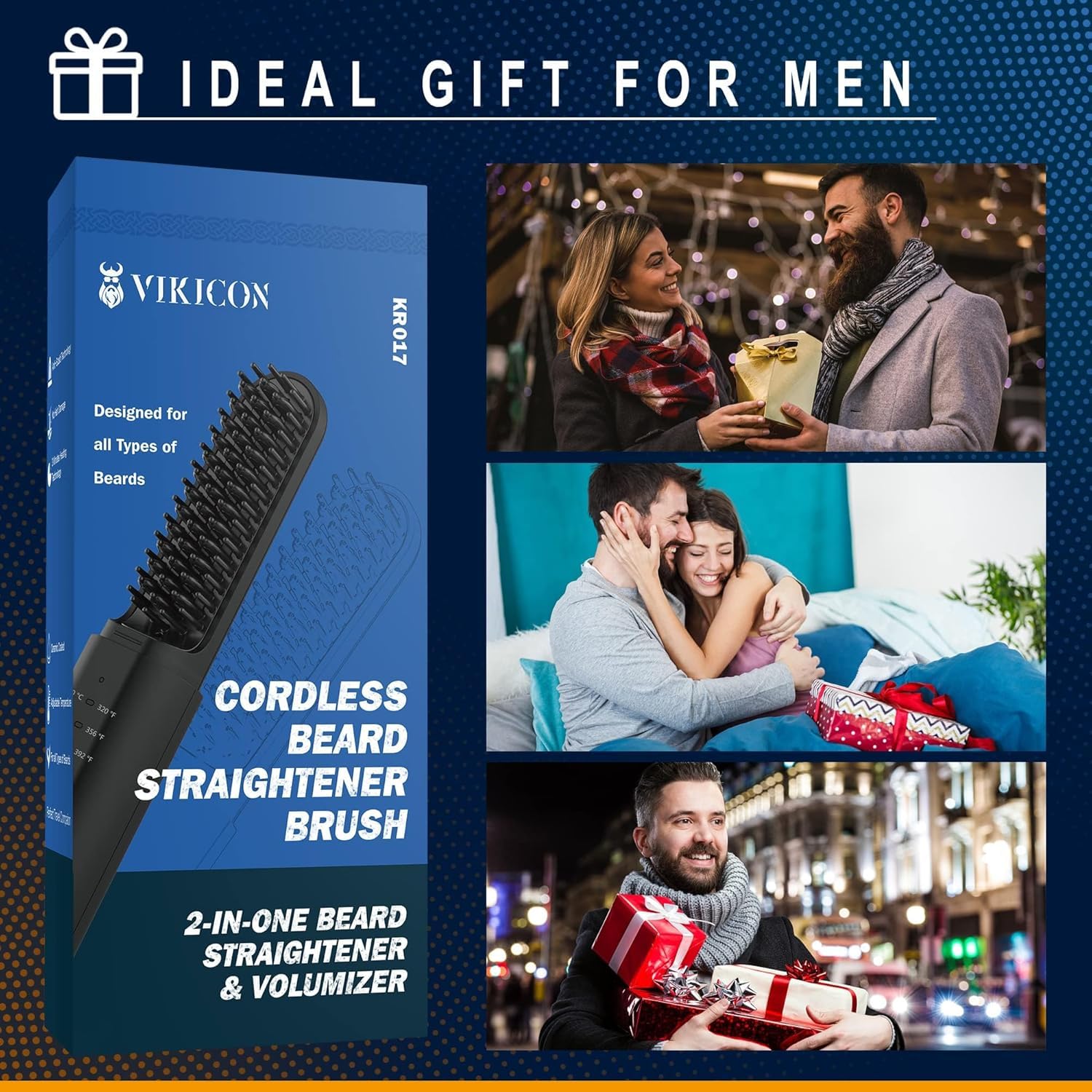 VIKICON - Pettine lisciante per barba da uomo, senza fili, 3 livelli di temperatura regolabili, spazzola ionica ricaricabile, per capelli e barba, anti-scottatura, portatile (nero)