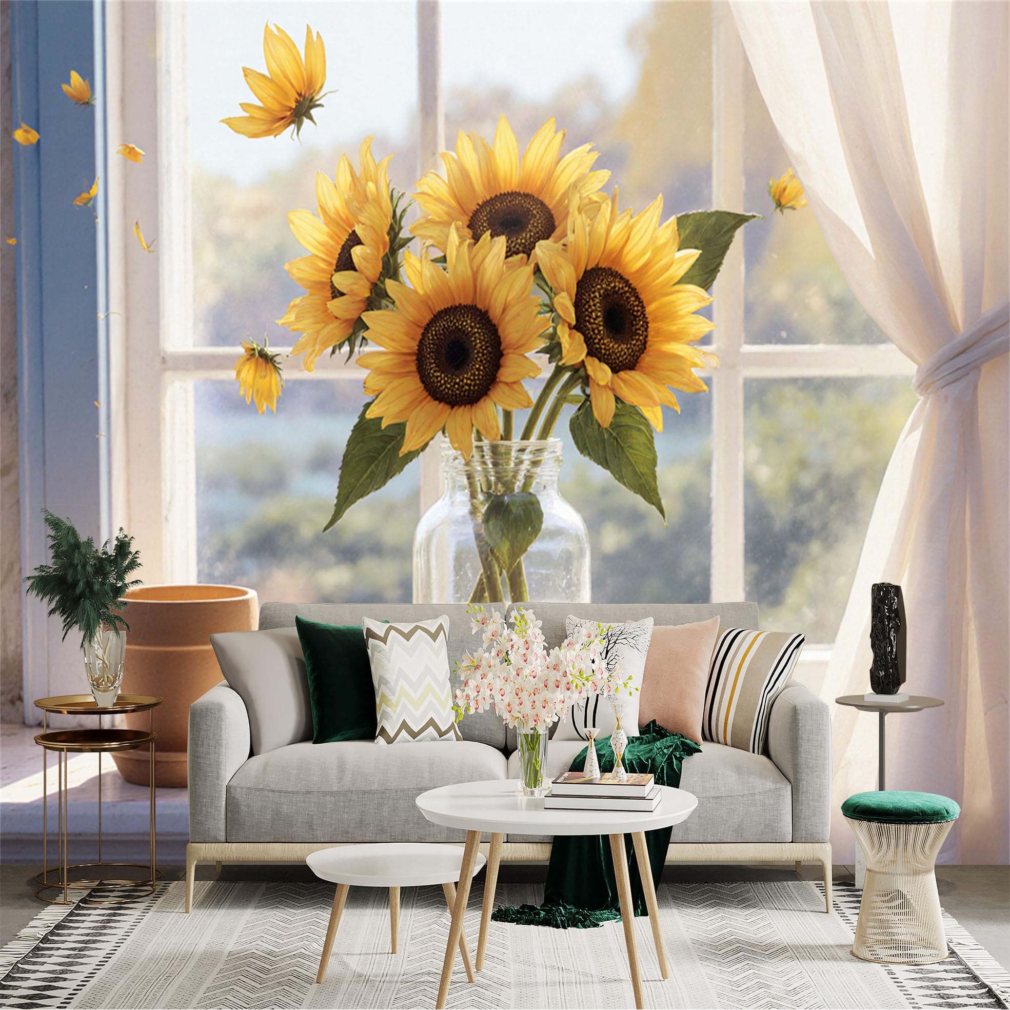 Custom Size Wall Sticker Mural， Bright Yellow Sunflowers in Glass Vase， Sunny Window View with Curtains， Rustic Home Decor， for wall Decoration， peelandstick wall Decals.