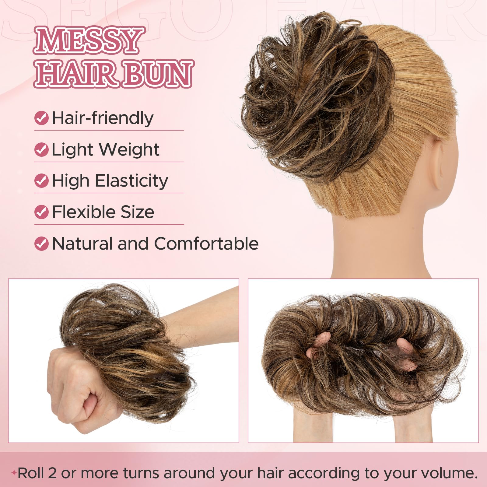 SEGOHAIR 17G Messy Bun Scrunchies Human Hair Curly Wavy Donut Hairpiece for Women Girls Natural Black Mixed Dark Linen Hair Bun Maker Elastic Real Remy Donuts Updo Chignon - Image 3