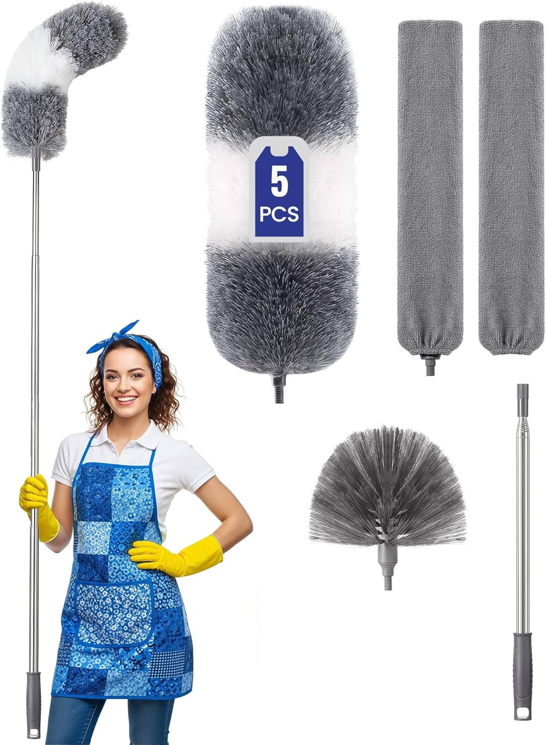 Extra-Long Dusters Kits with Extension Pole, Cobweb Duster, Microfiber Dusting Clothes for Gap, 5 in 1 Cleaning Tools with Extendable Long Handle, Blinds, High Ceilings and Fans, Cars and Furniture