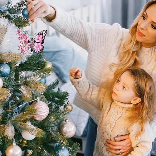 Miniatura 6 de Dijes para coche, diseño de mariposa rosada, cruz de Jesús, accesorios para colgar en el espejo del automóvil, accesorios para colgar en el coche,